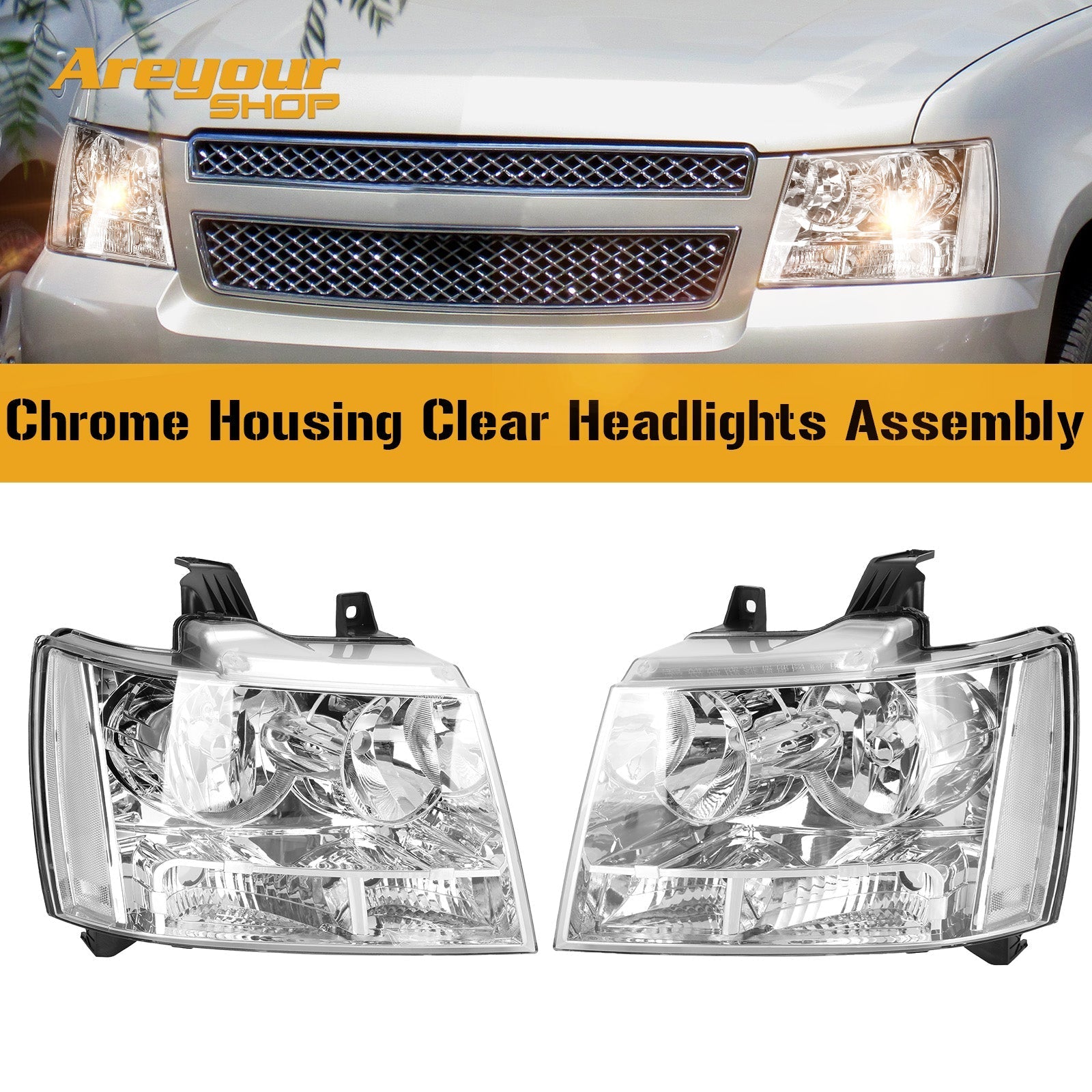 Conjunto de faros delanteros transparentes con carcasa cromada para Chevr Tahoe 2007-2014 genérico