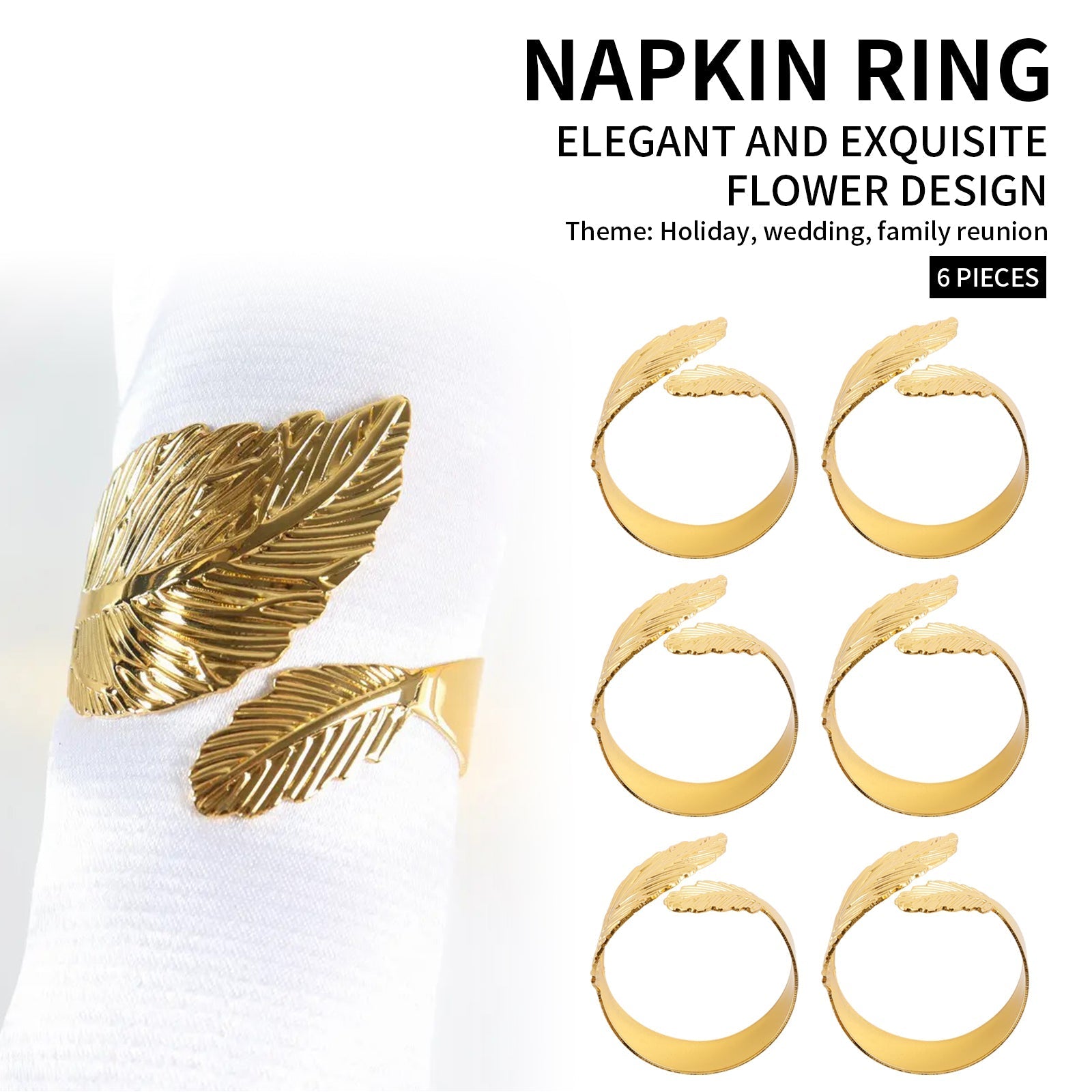 6PCS Napkin Rings Leaf Napkin Holder Adornmen Alloy Golden