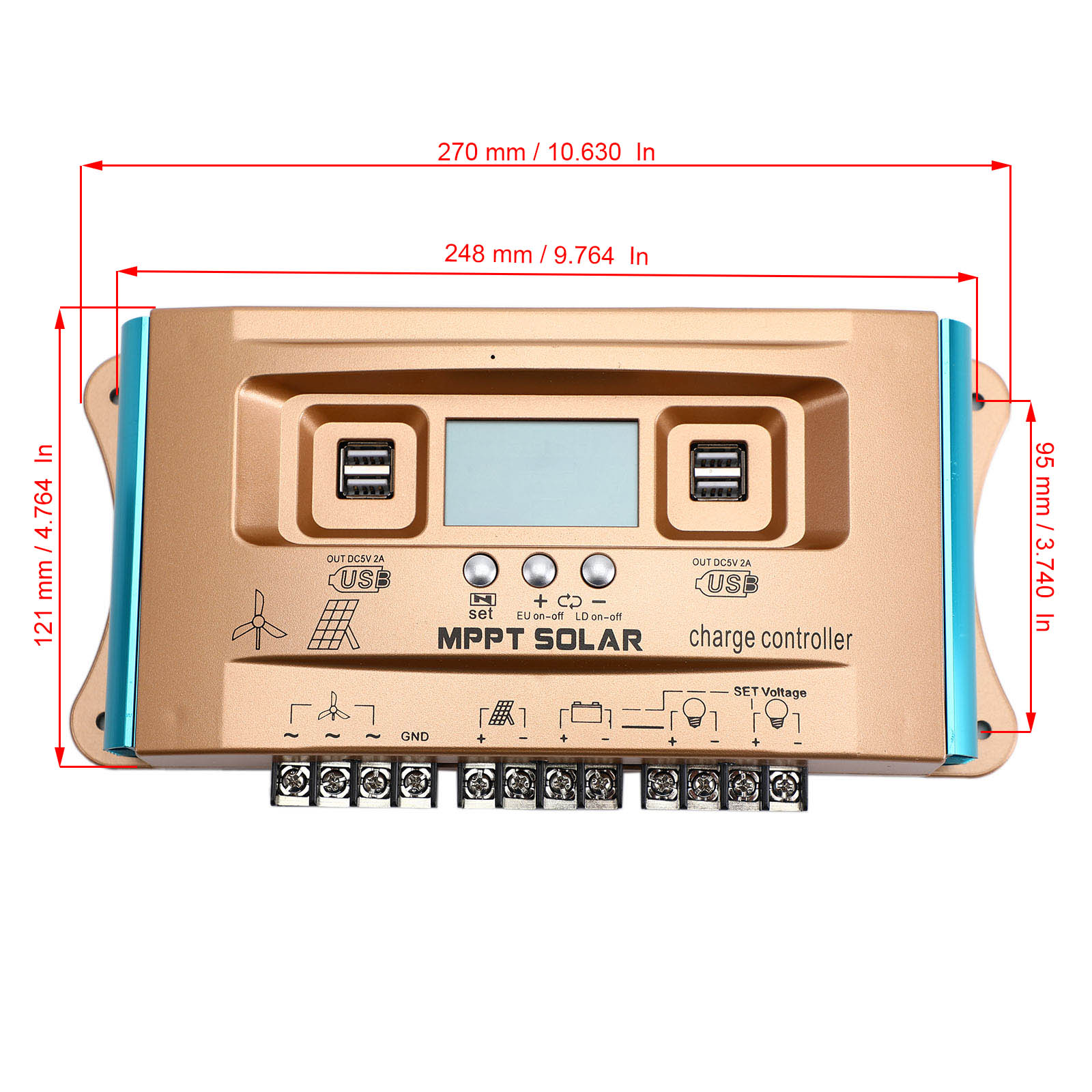 Controlador de sistema híbrido eólico-solar de carga USB Dual MPPT 12V-60V 30A-100A AUTO