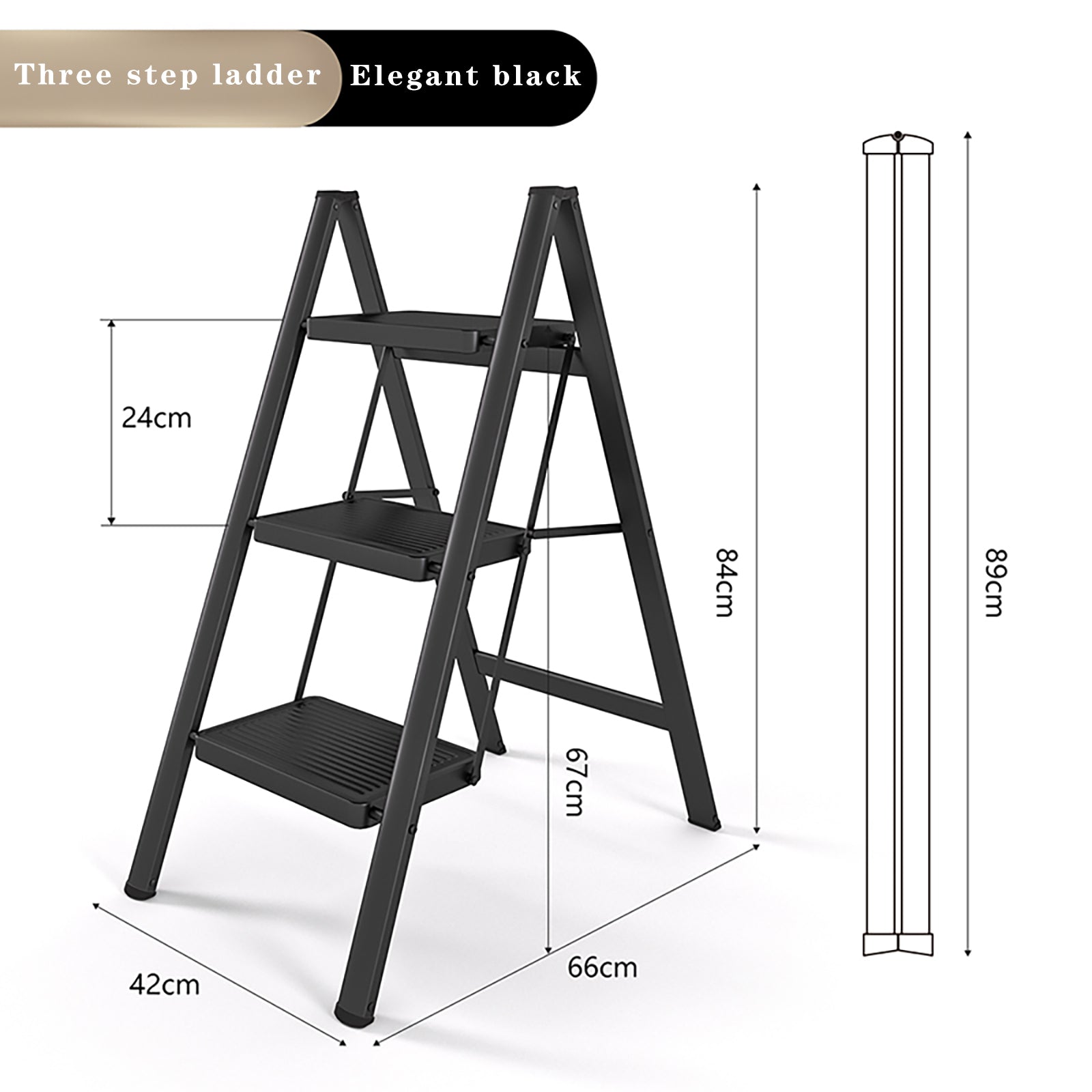 Stepladder, 3 Tiers, Foldable, Aluminum, Wide, Lightweight, Compact, Ladder