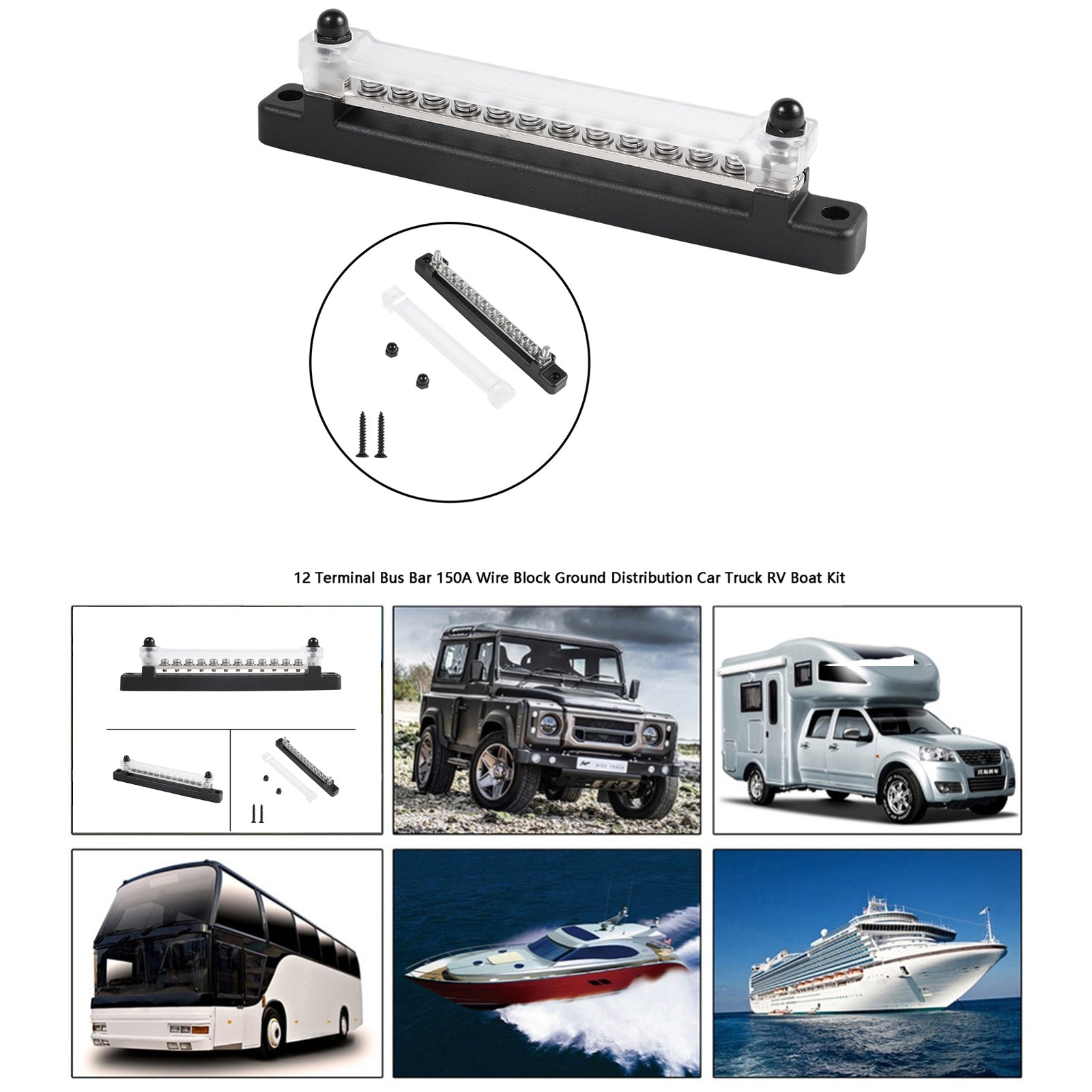 12 Terminal Bus Bar 150A Wire Block Ground Distribution Car Truck RV Boat Kit Generic