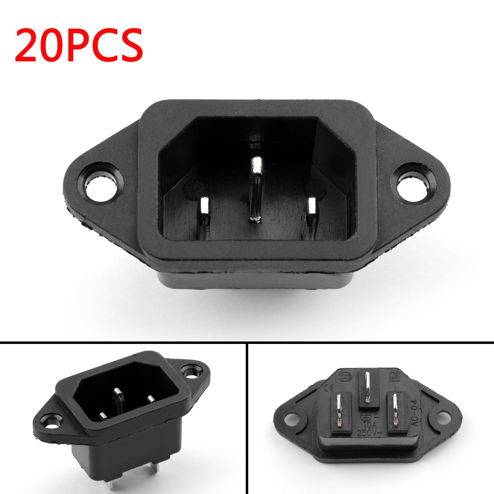 20PCS IEC320 C14 3 Pin Screw Mount Male Power Socket 10A 250V For Boat AC-04