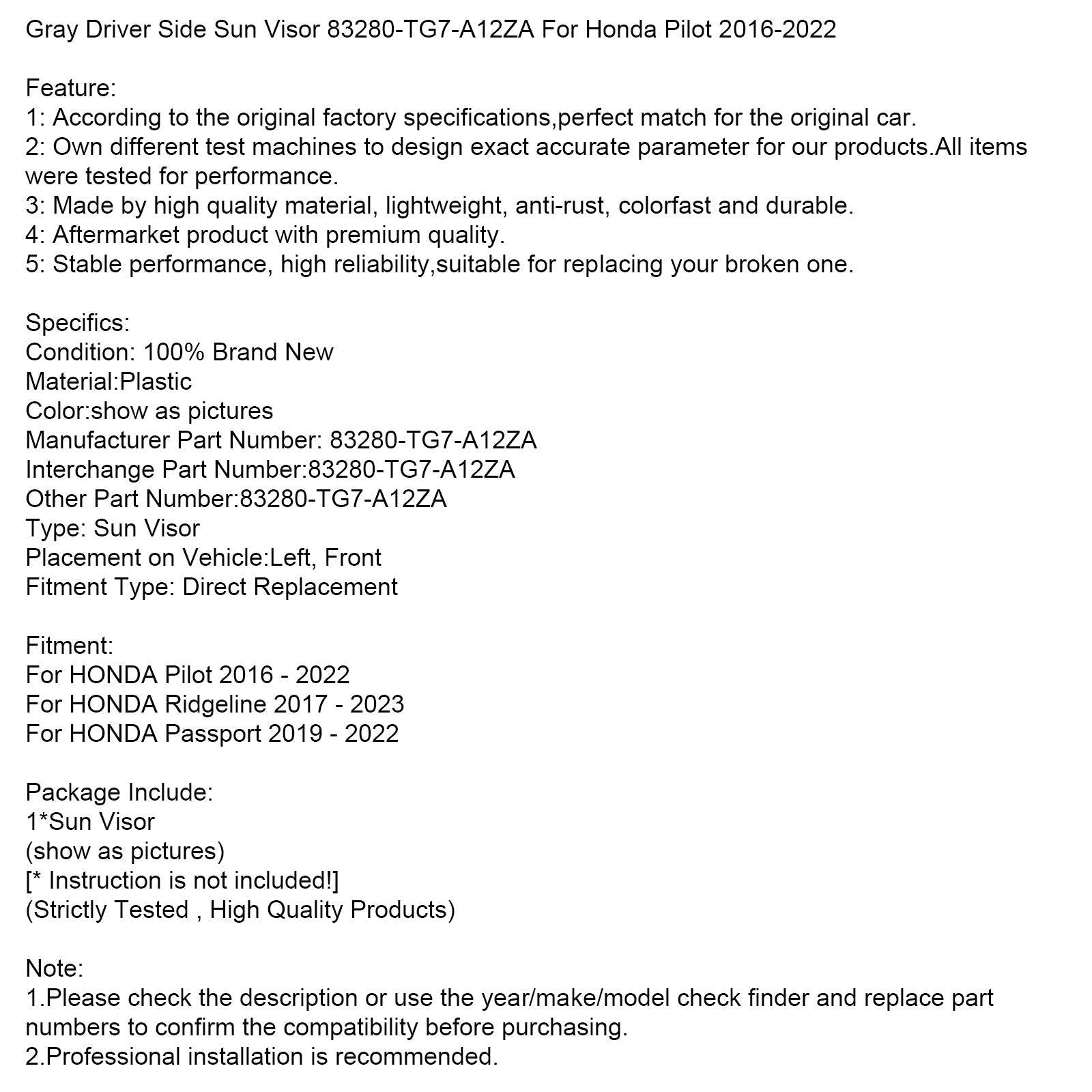 Gray Left Side Sun Visor 83280-TG7-A12ZA For Honda Pilot 2016-2022