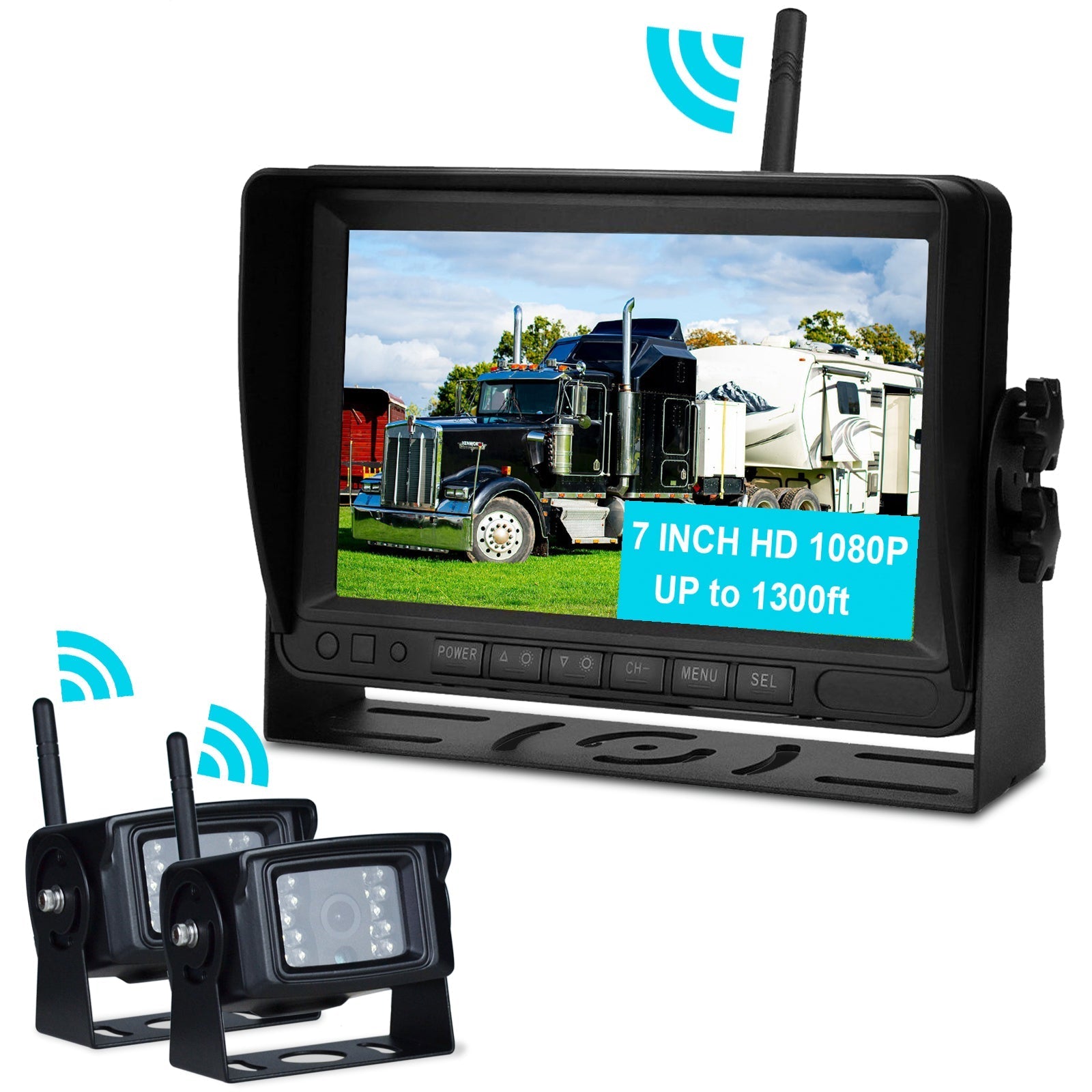 7" Display AHD 1080P Wireless 2CH Rear View Backup Camera Kit for Truck Trailer