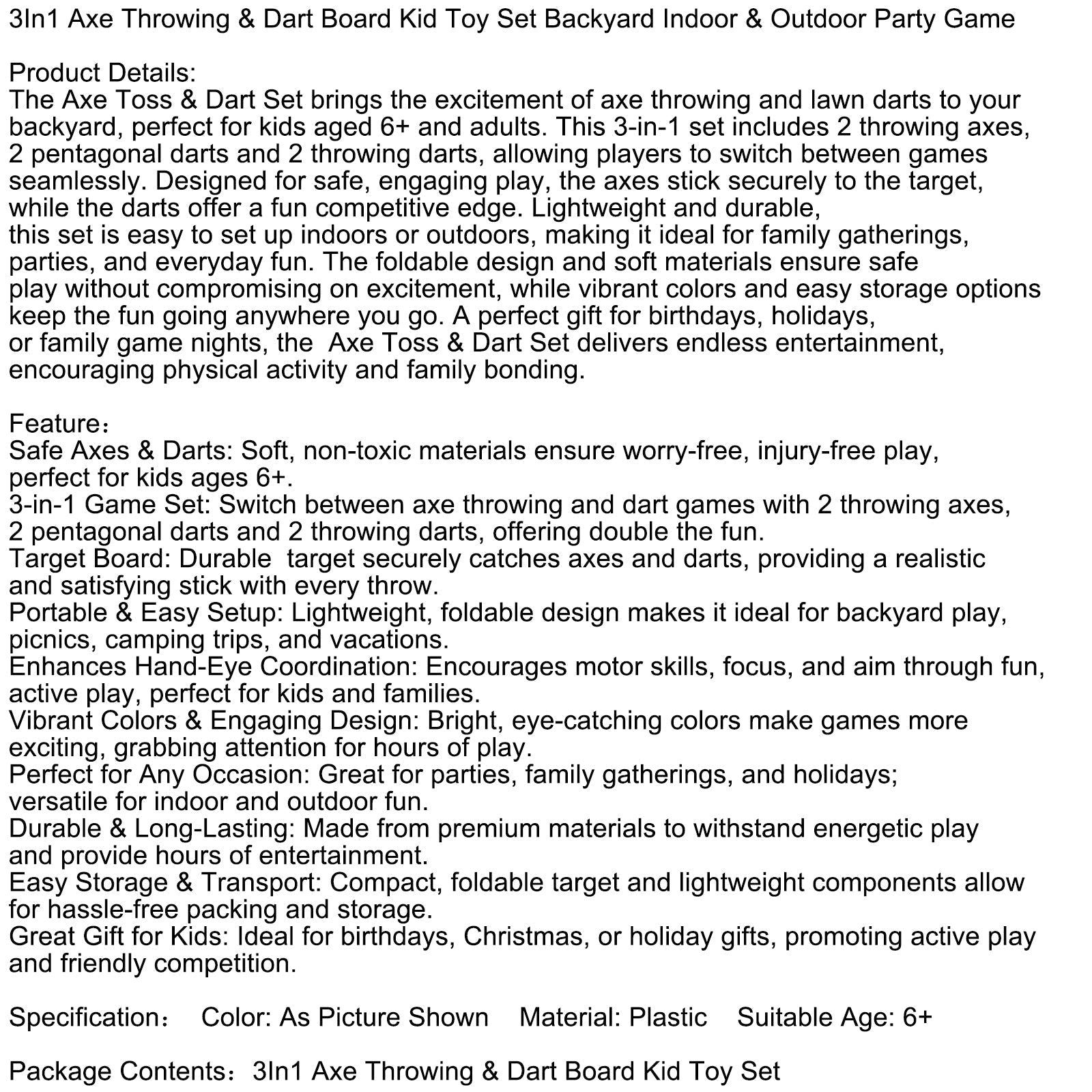 3In1 Axe Throwing & Dart Board Kid Toy Set Backyard Indoor & Outdoor Party Game