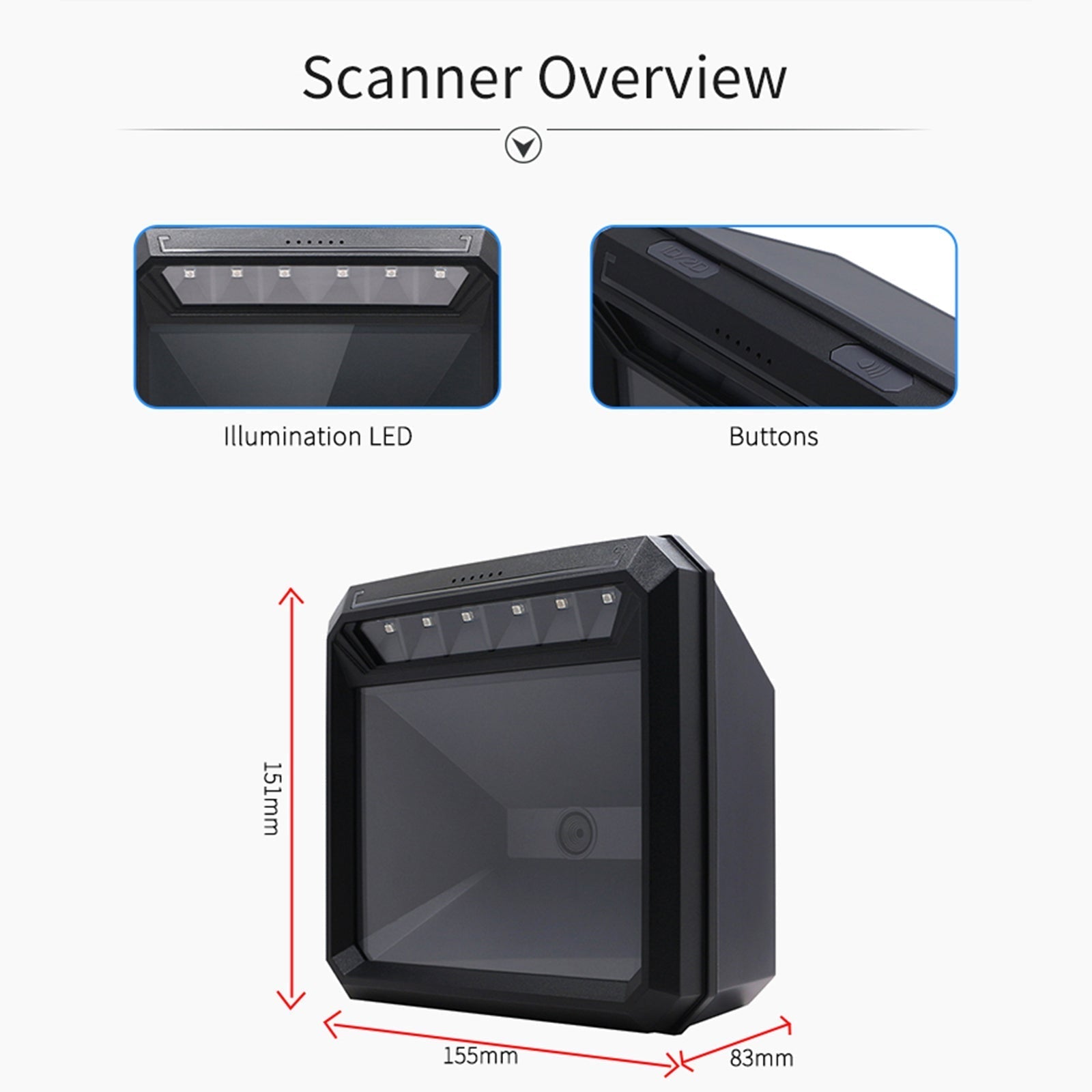 1D 2D Desktop Barcode Scanner Omnidirectional USB Auto Sensing Barcode Reader