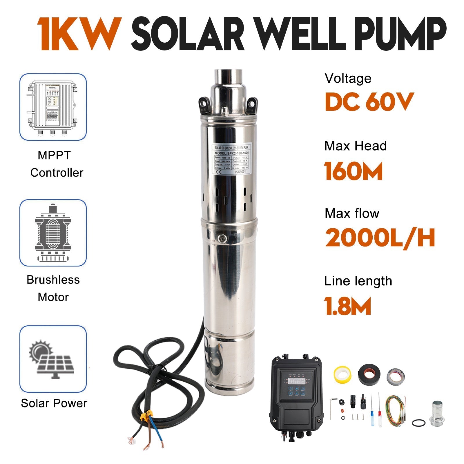 3" 60V 1KW MPPT Screw Solar Bore Pump Submersible Deep Well Hole Steel Head 160M