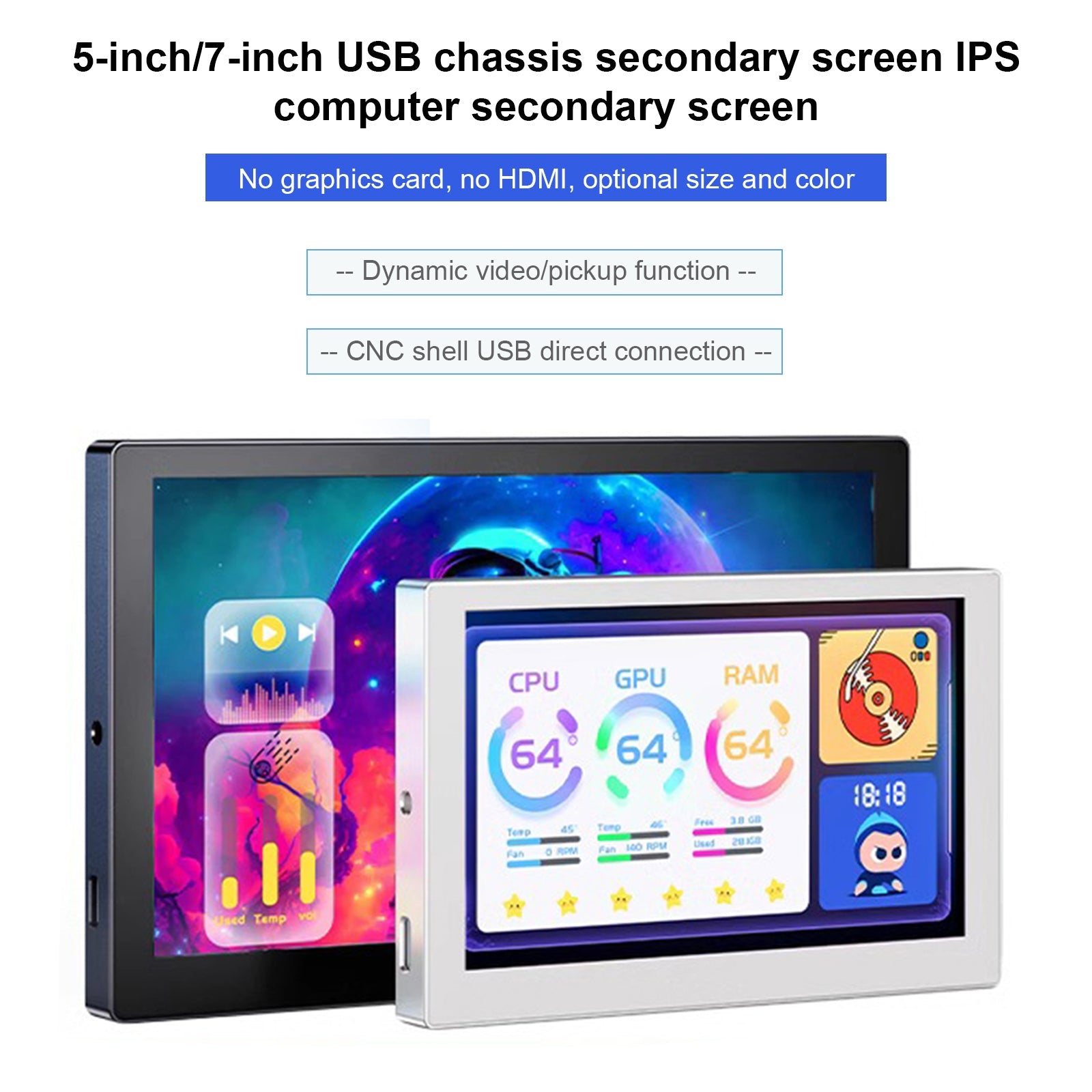 5/7-inch USB Computer Case Secondary Screen IPS Table-Mounted Atmosphere Screen