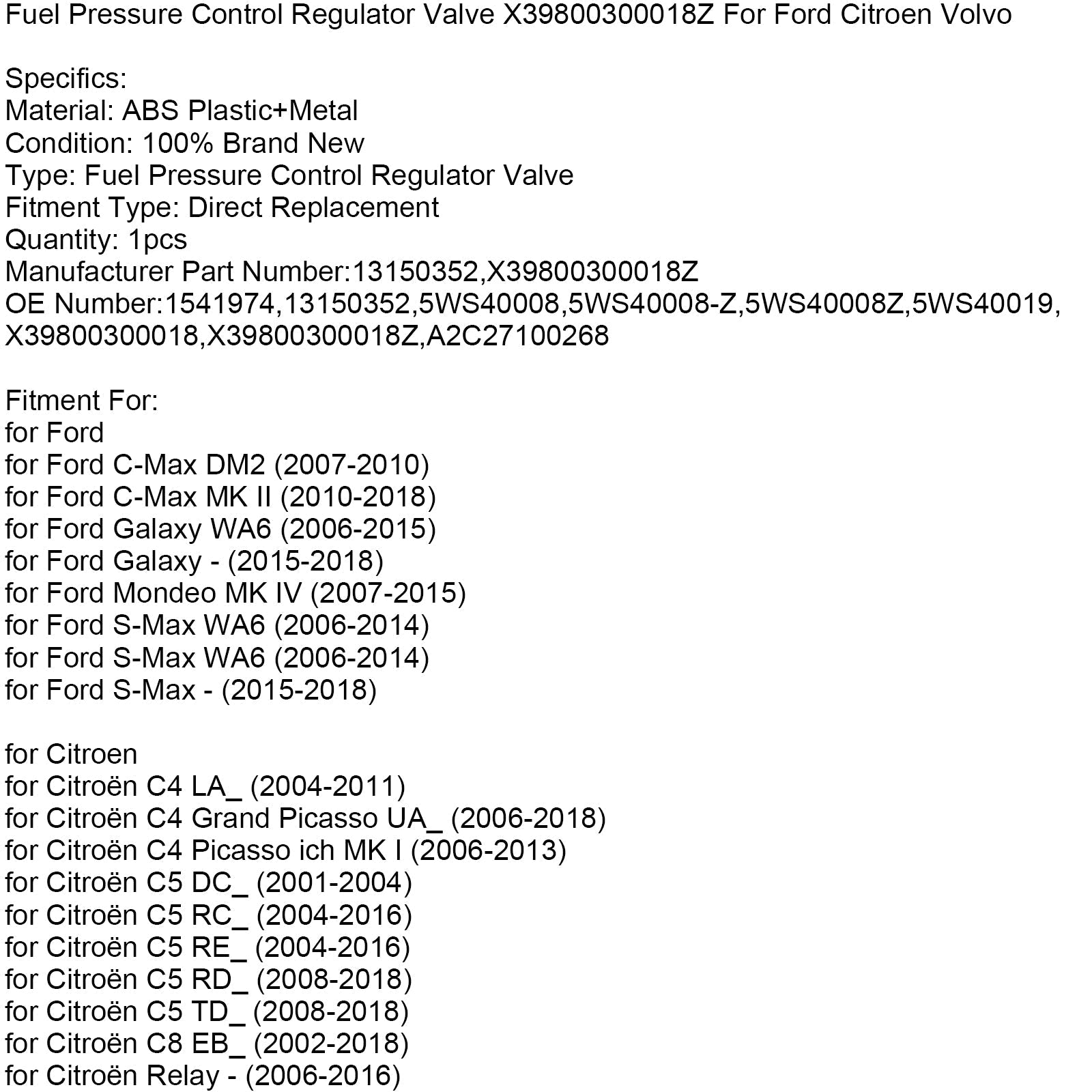 Fuel Pressure Control Regulator Valve X39800300018Z For Ford Citroen Volvo