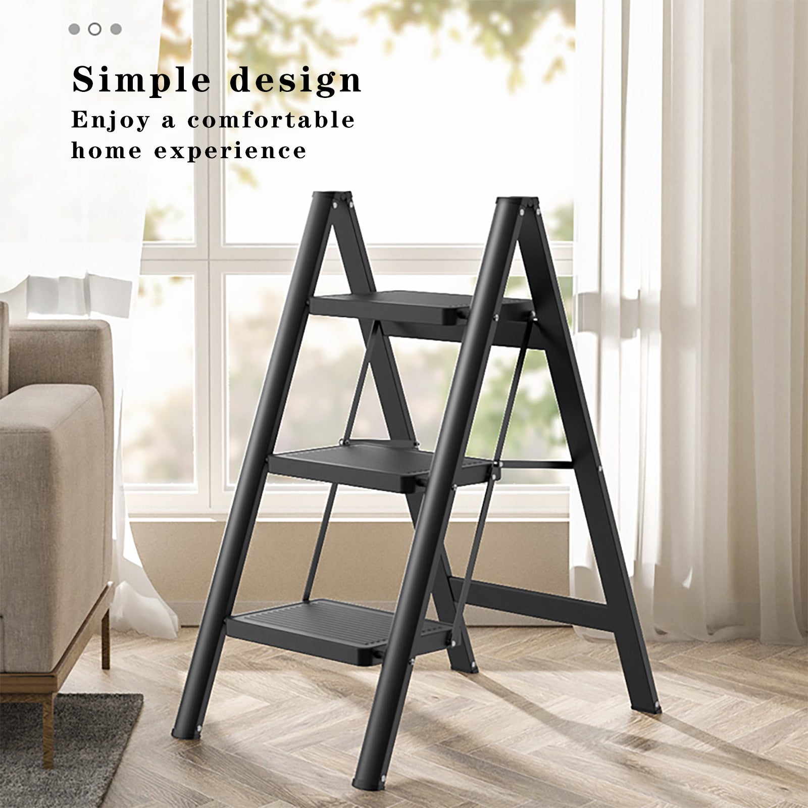 Stepladder, 3 Tiers, Foldable, Aluminum, Wide, Lightweight, Compact, Ladder