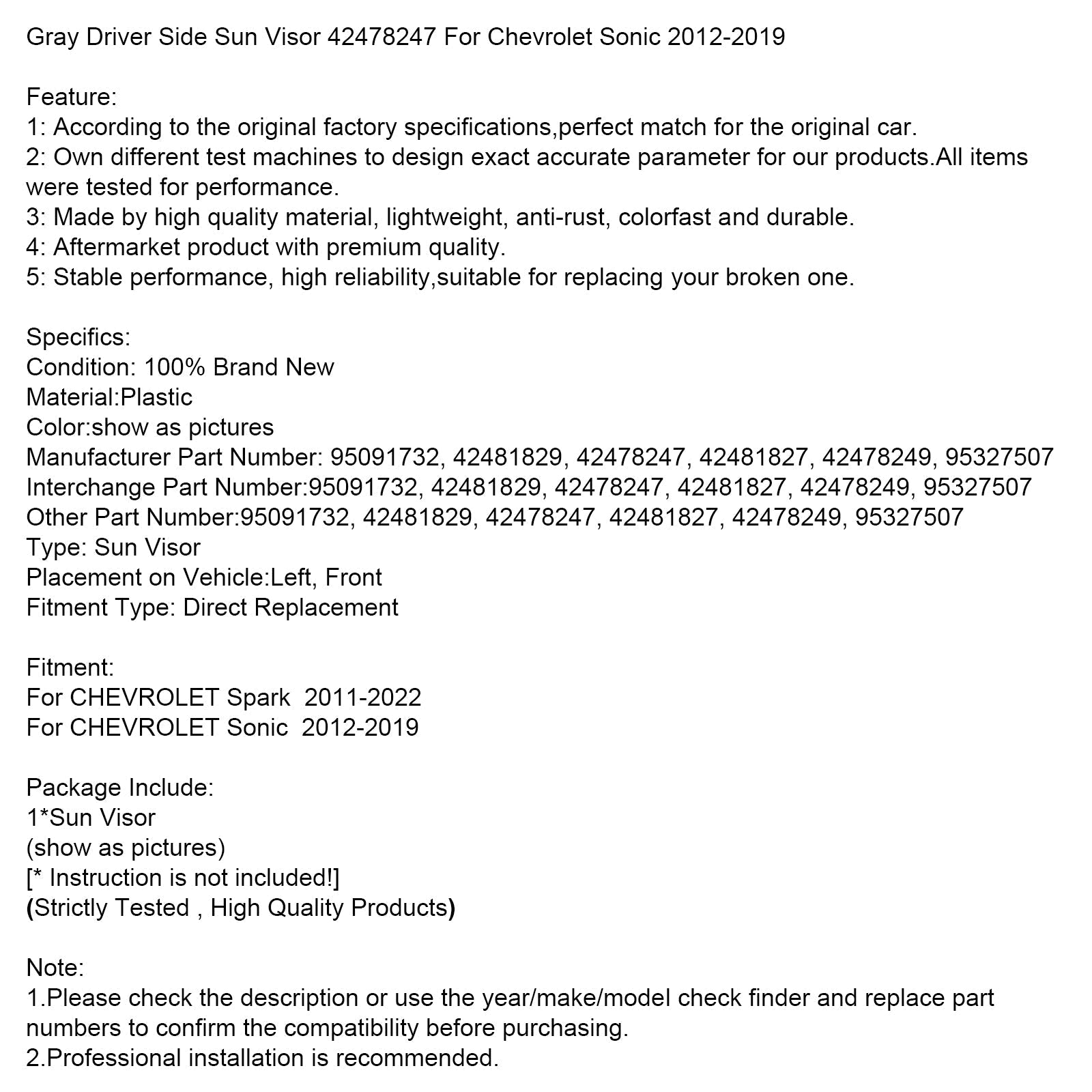 Gray Left Side Sun Visor 42478247 For Chevrolet Sonic 2012-2019