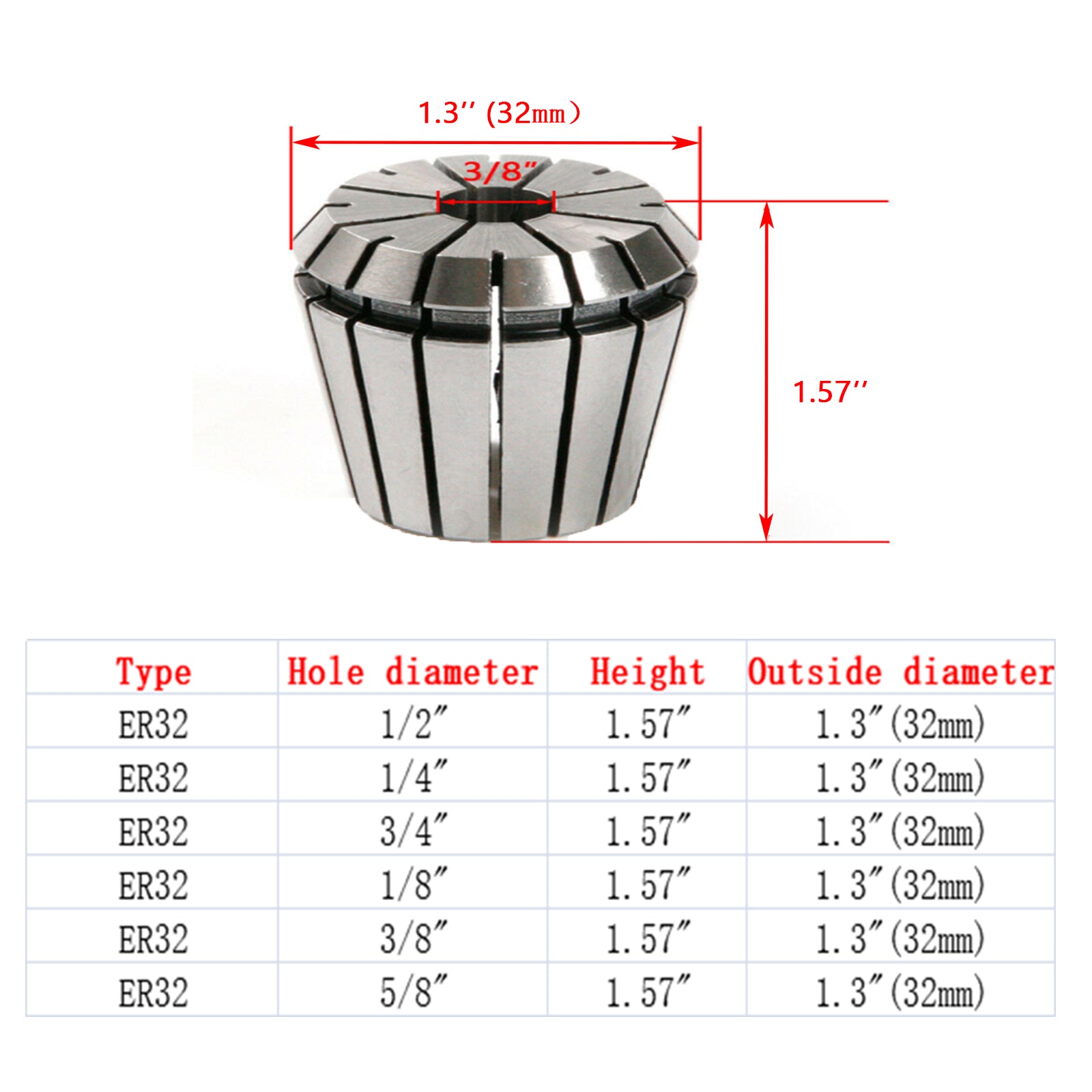 6Pcs ER32 Spring Collet 1/2"-5/8"For CNC Milling Lathe Tool Engraving Machine