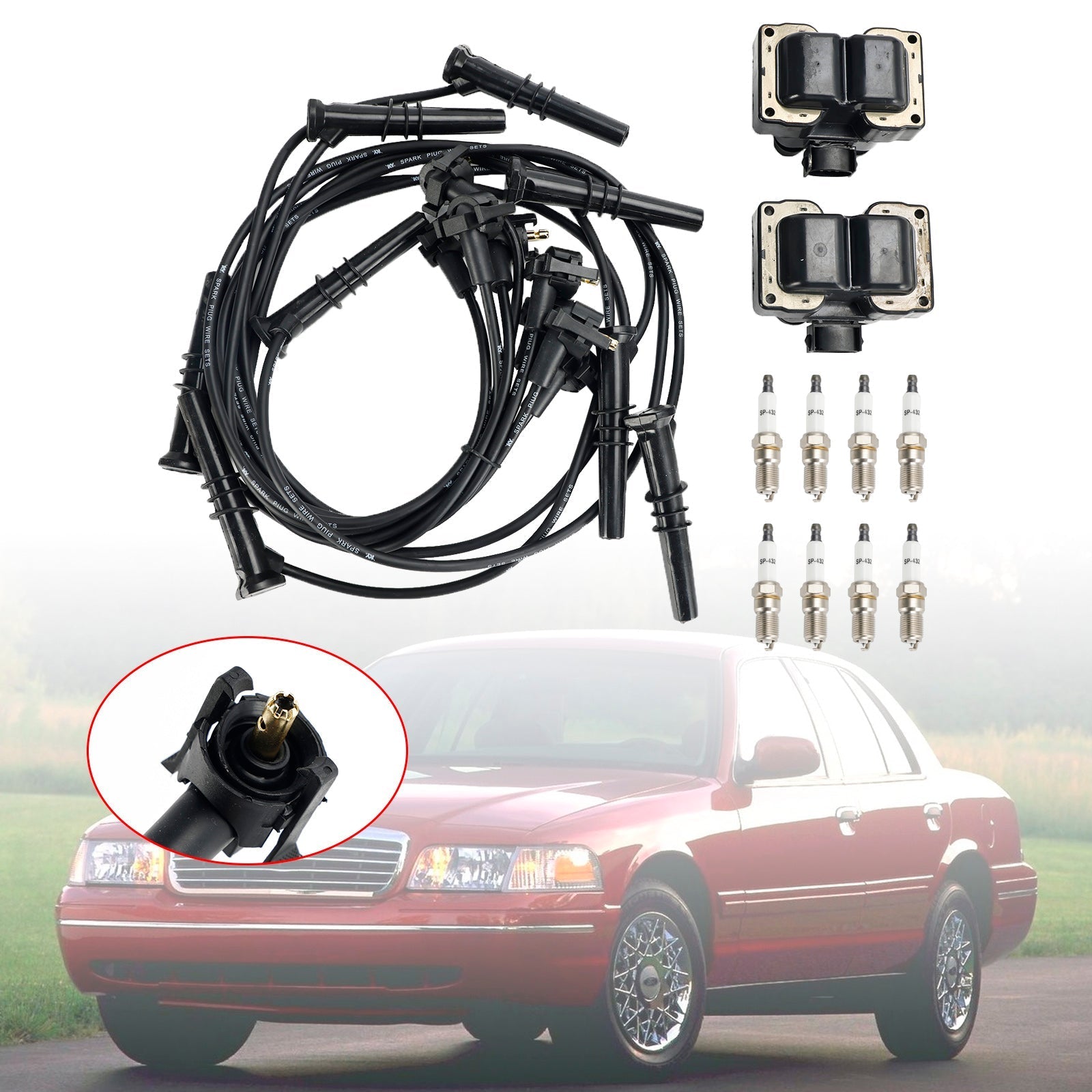 1995-1997 Ford Grand Marquis Lincoln Continental V8 4.6L 2 Ignition Coil Pack 8 Spark Plugs and Wire Set FD487 SP432