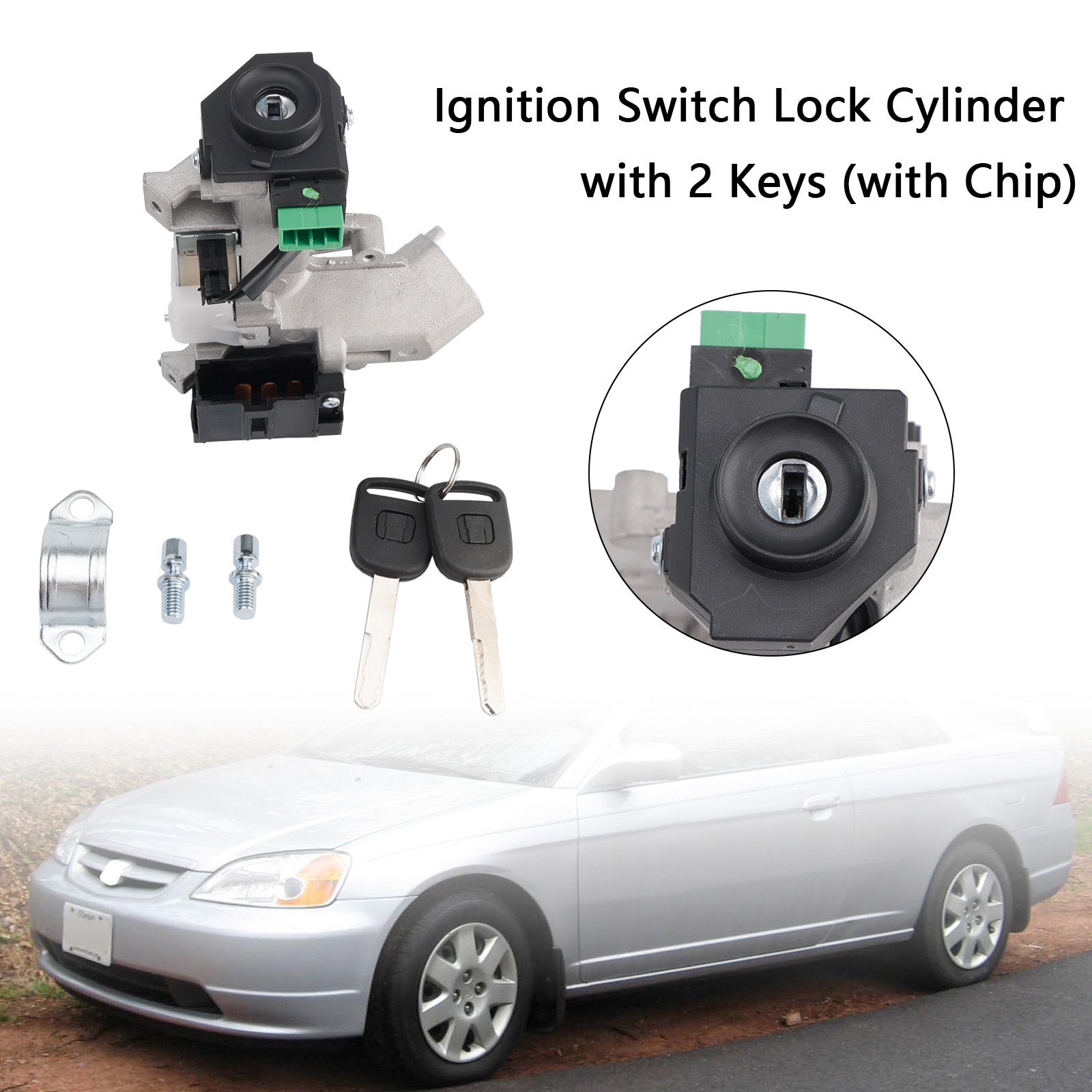 2002-2004 Honda Civic 1.7L GX Sedan 1700CC L4 CNG Ignition Switch Lock Cylinder with 2 Keys (with Chip)