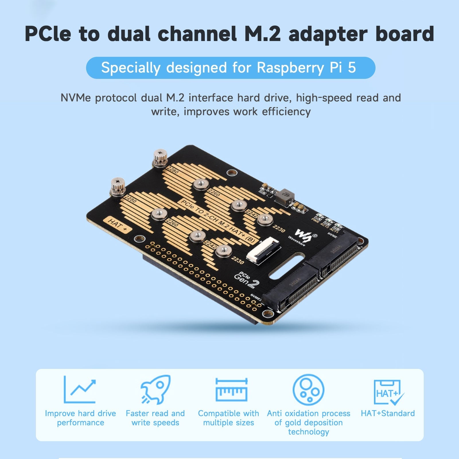 Raspberry Pi 5 PCIe Dual Channel Rotary Board Nvme Protocol Dual M.2 Hard Disk