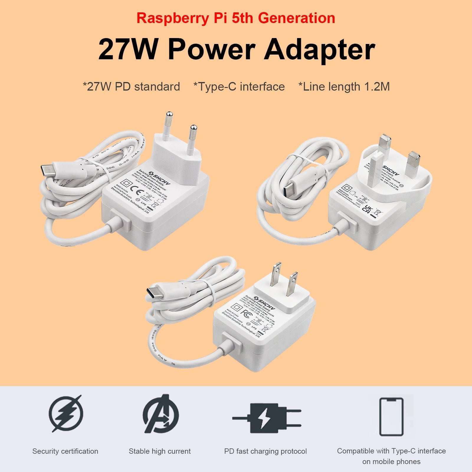 Raspberry Pi 5 Power Adapter USB-C Interface 27W Power 5V5A Full Current