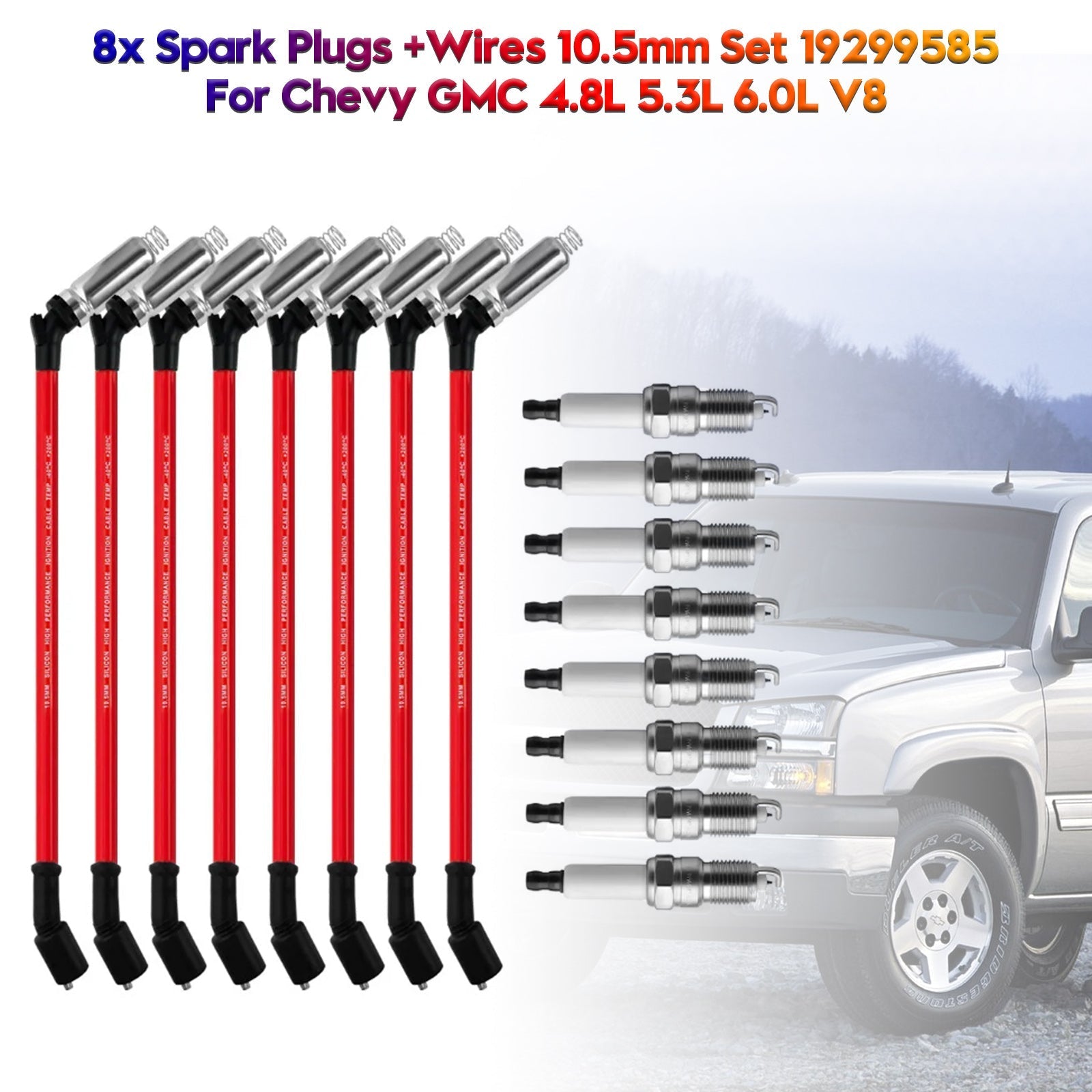 8x Spark Plugs +Wires 10.5mm Set 19299585 For Chevrolet GMC 4.8L 5.3L 6.0L V8