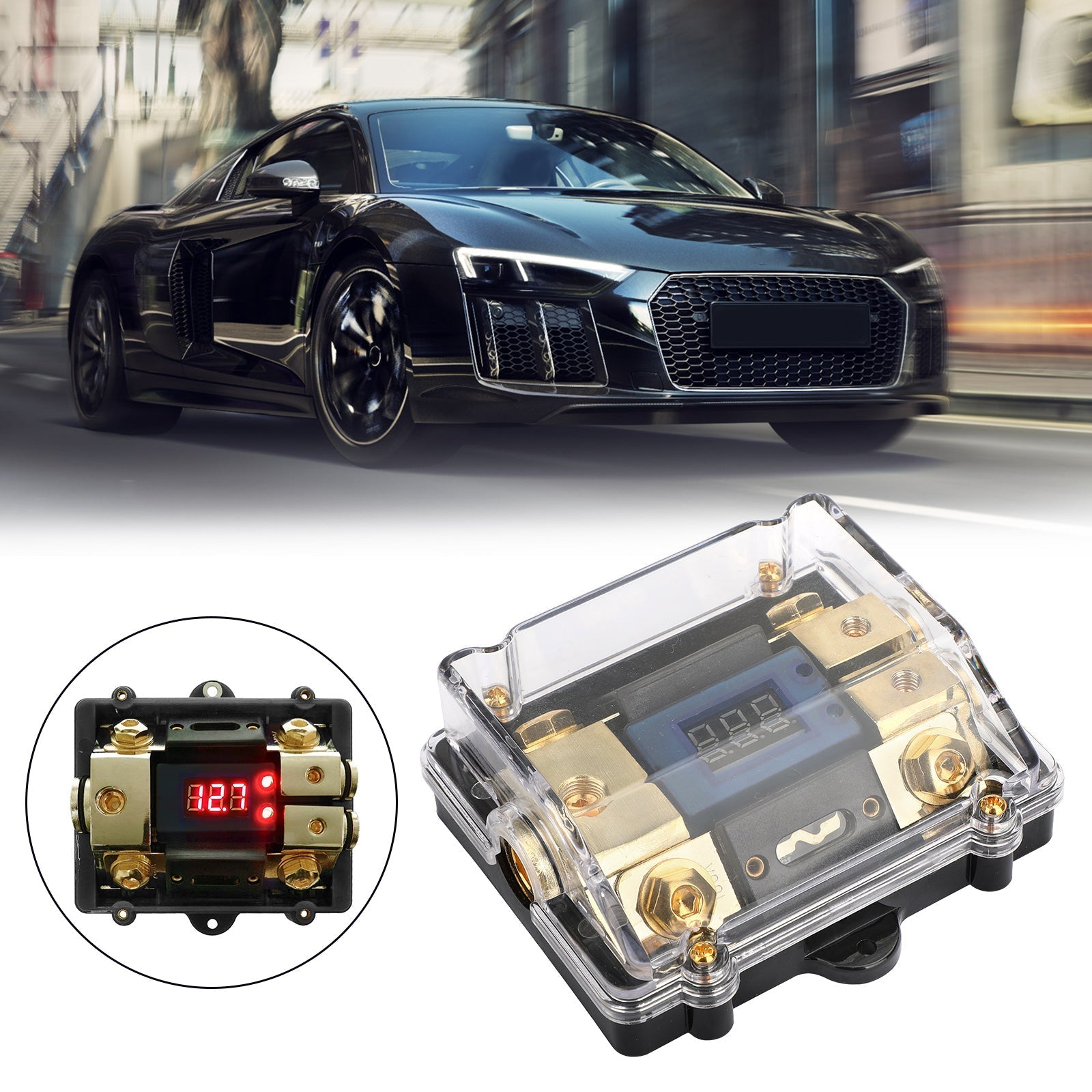 Clear Cover plastic housing LED Display 1x0 IN 2x4GA OUT Distribution Block Fuse Holder Splitter Nickel Plated Heat resistant for Car Audio Marine