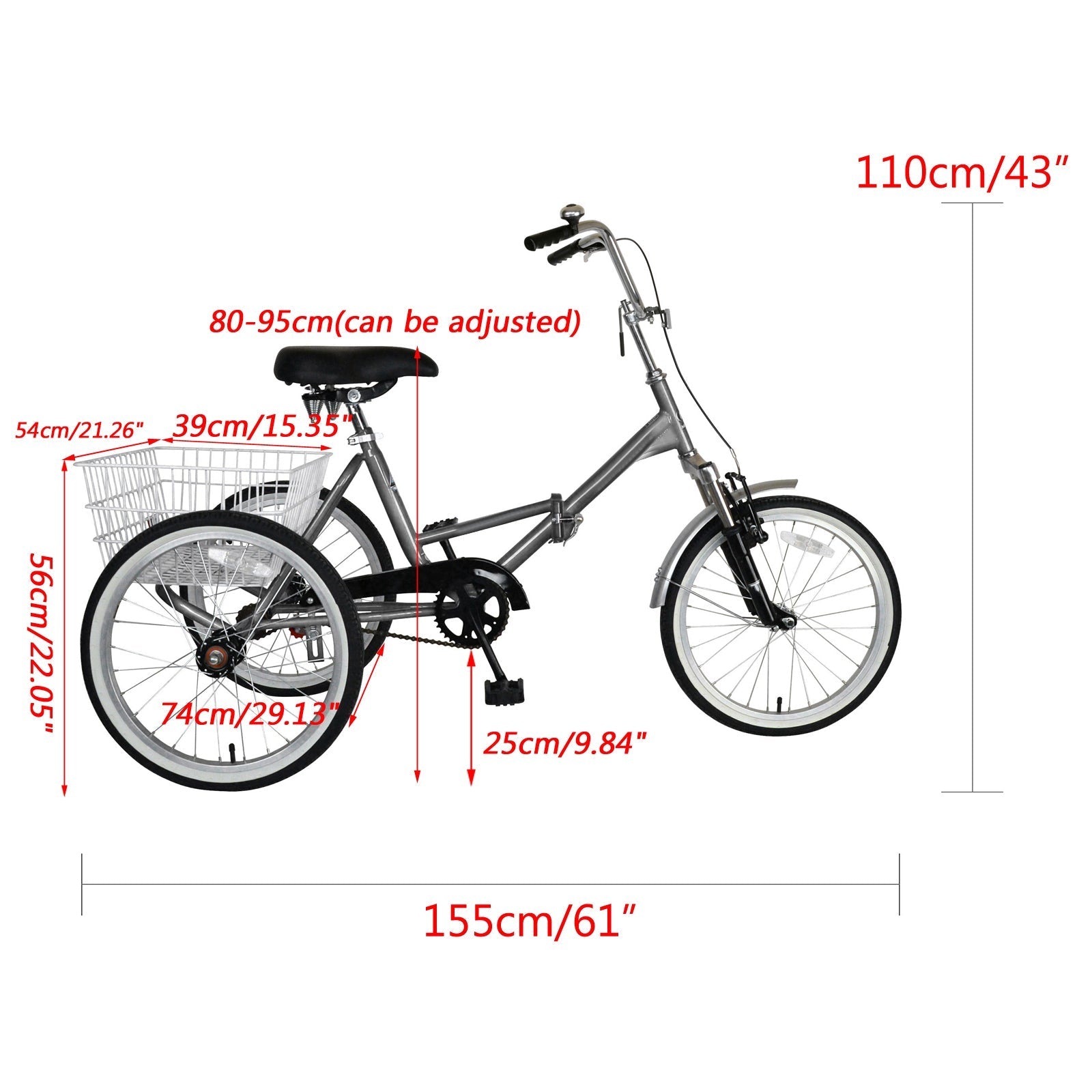 20'' Wheels Folding Tricycle Bike 3 Wheeler Bicycle Portable Tricycle