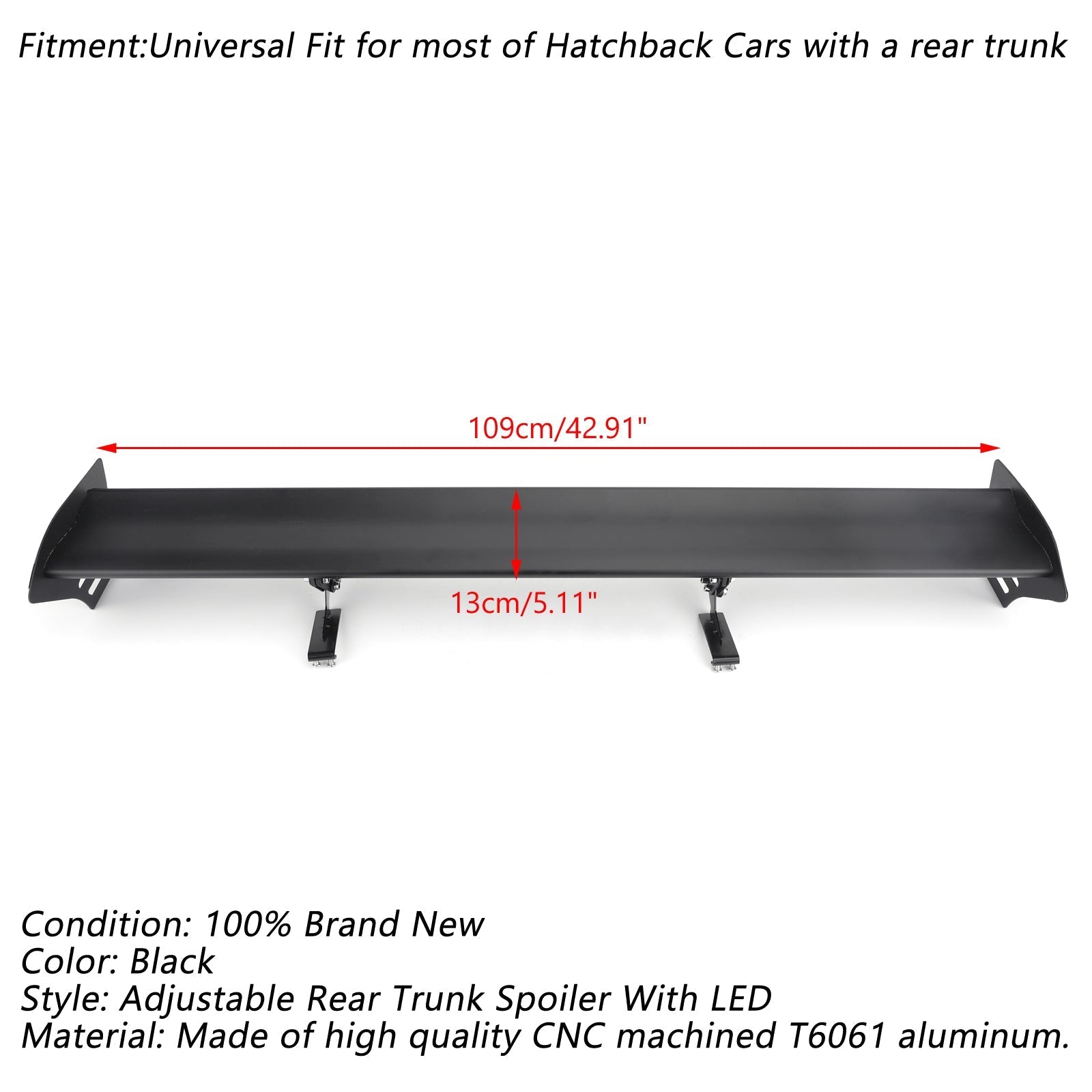 Universal Hatch Adjustable Aluminum Rear Trunk Wing Racing Spoiler With LED Generic