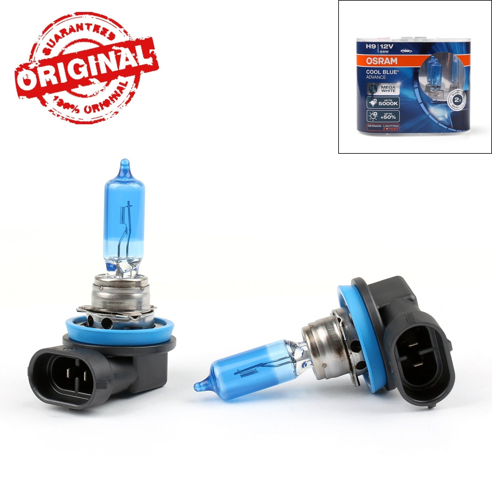 2 X H9 OSRAM 5000K Cool Blue Hyper+ Plus 65W White Light Halogen Bulb Globe