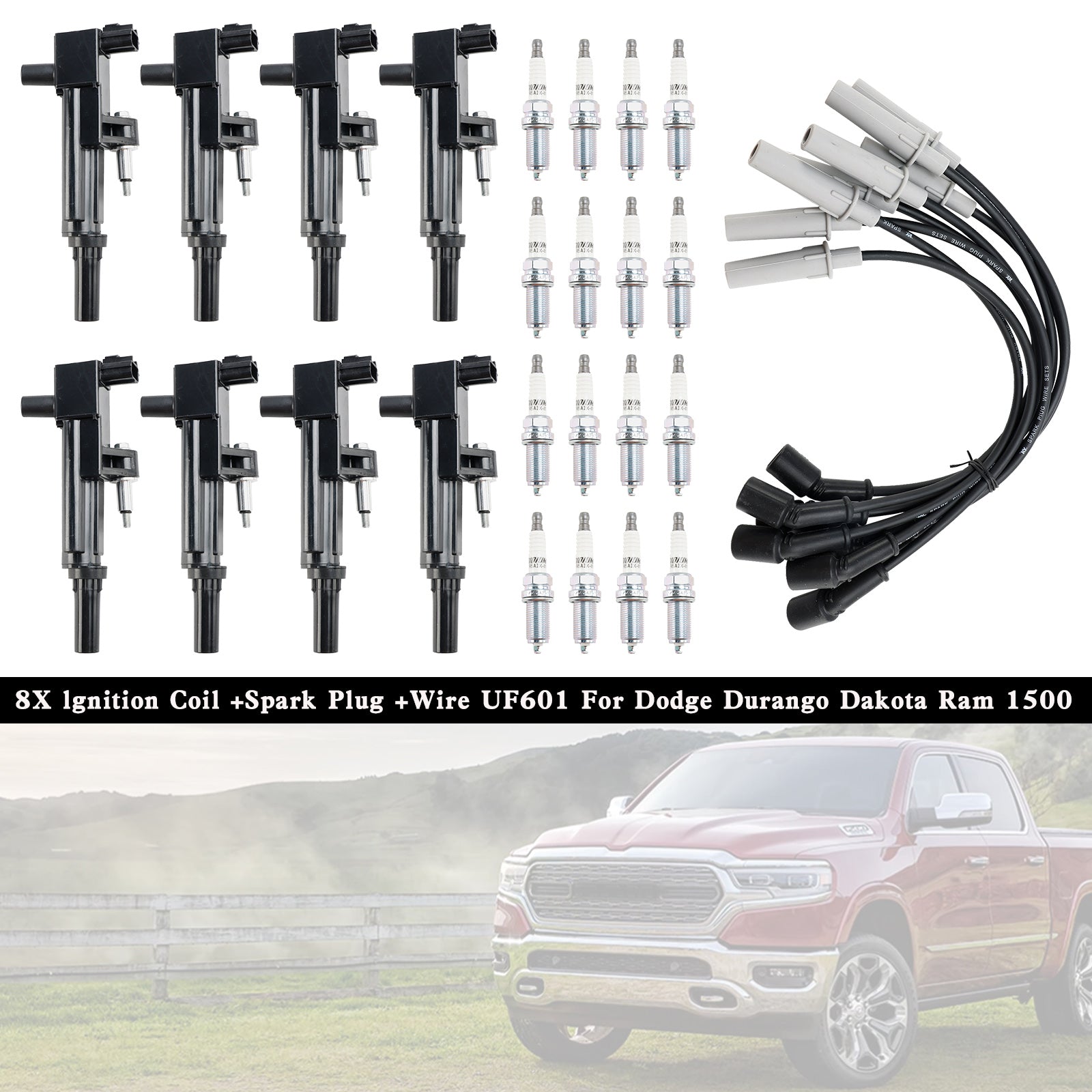 8X lgnition Coil +Spark Plug +Wire UF601 For Dodge Durango Dakota Ram 1500 GN10458 5C1706 IGC0164 C755