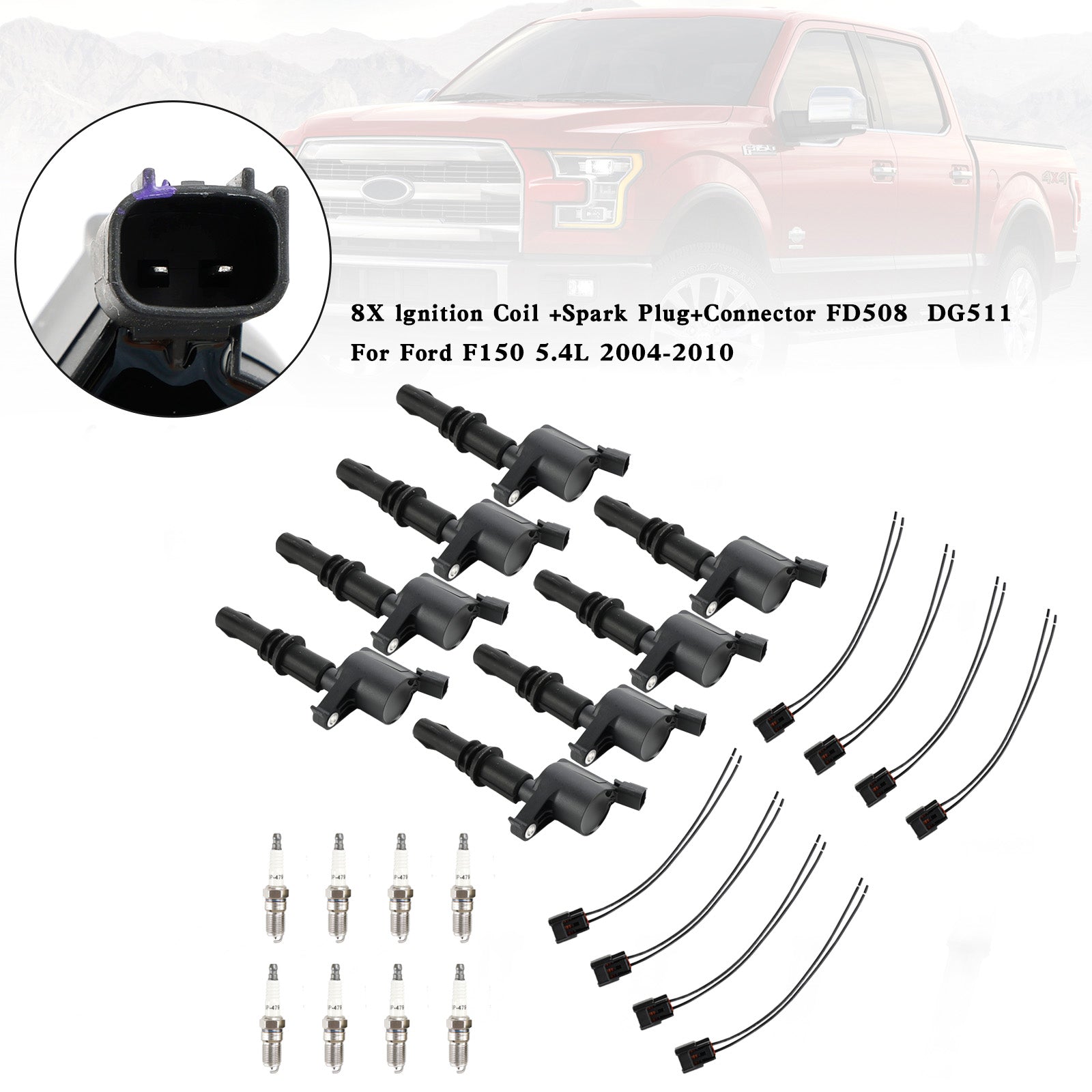 2005-2008 Ford Expedition F-250 F350 Super Duty Lincoln Navigator 5.4L V8 8X lgnition Coil +Spark Plug+Connector FD508 DG511 Fedex Express