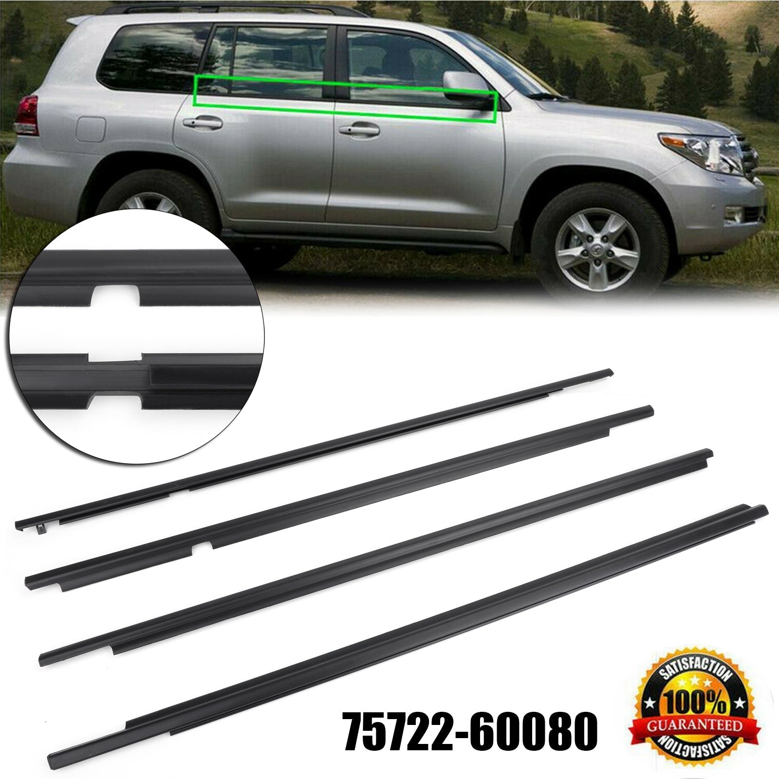 4PCS 75722-60080 Weatherstrip Window Belt Moulding Fits For LEXUS GX470 2003-2009