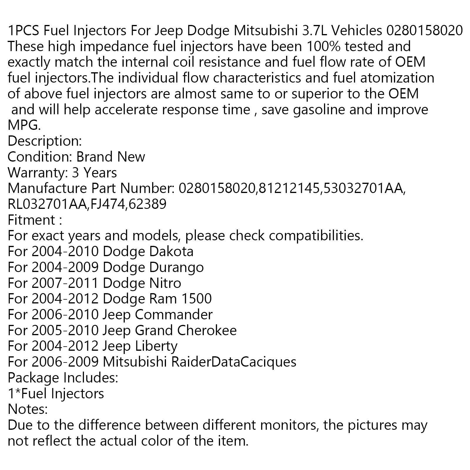 1 inyector de combustible para vehículos Mitsubishi 3.7L 0280158020 genérico.