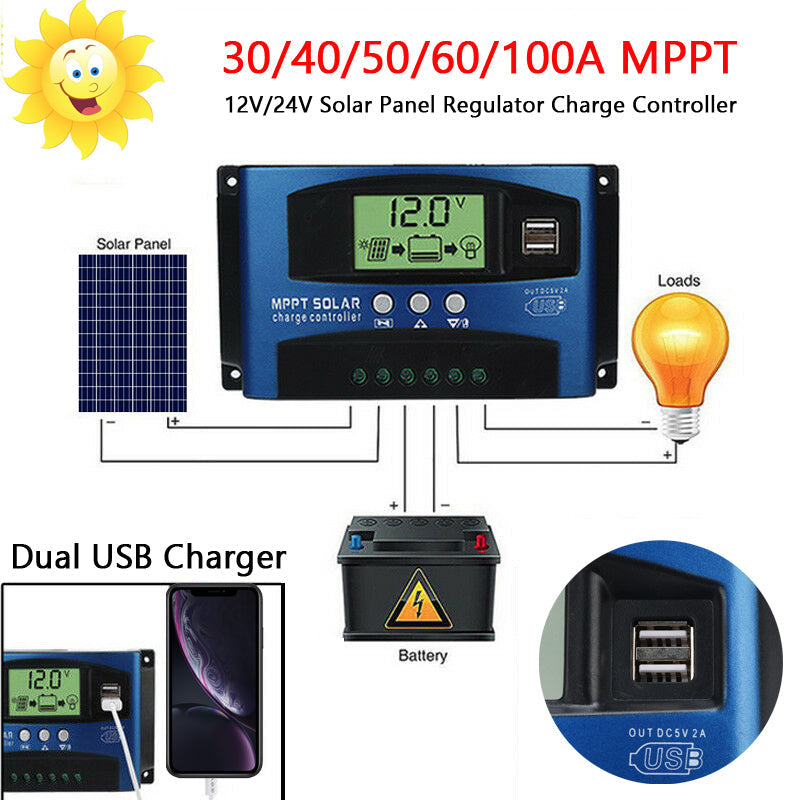 Regulador de carga de Panel Solar MPPT 30/40/50/60/100A, seguimiento de enfoque automático de 12V/24V 