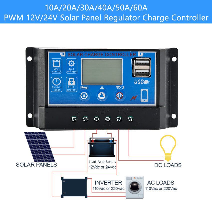 Controller PWM Solar 10-60A 12V24V36V48V60V Auto Focus Tracking Panel Regulator Charge