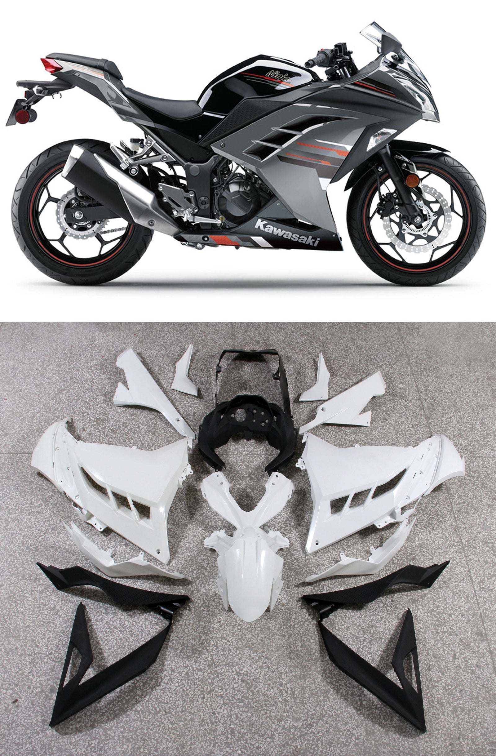 Fairings 2013-2024 Plastics Kawasaki Ninja 300R EX300R Grey Black Ninja Generic