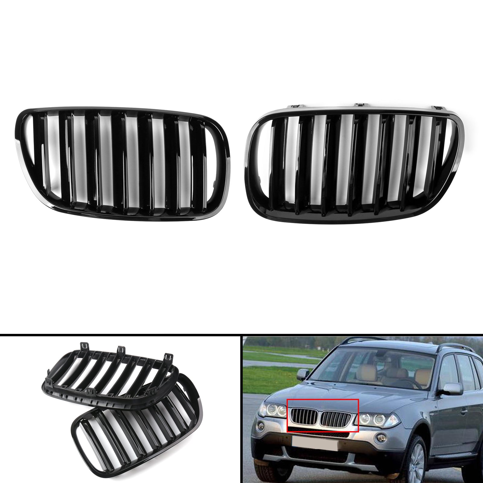 1 Pair Black Front Bumper Grille For BMW E83 X3 LCI Facelift 27-21