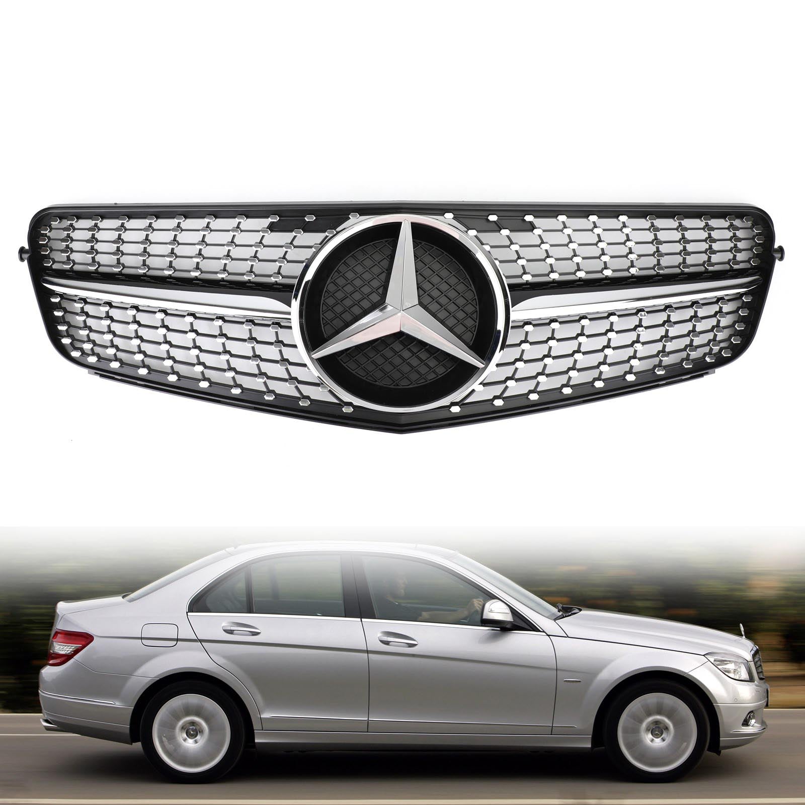 Parrilla delantera cromada negra diamante compatible con Mercedes-Benz W204 C200 C300 2008-2014