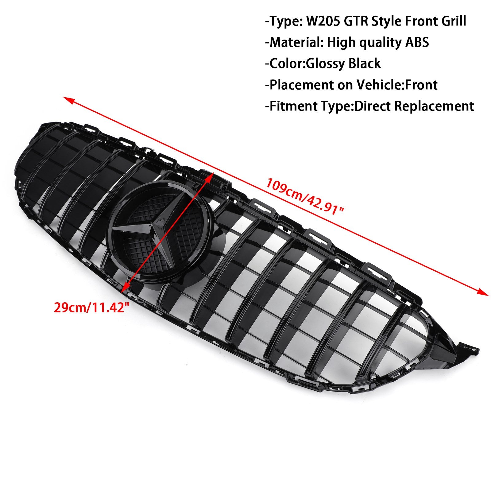 GTR Style Front Bumper Grill Grille fit Mercedes W205 C250 C300 C43 2015-2018