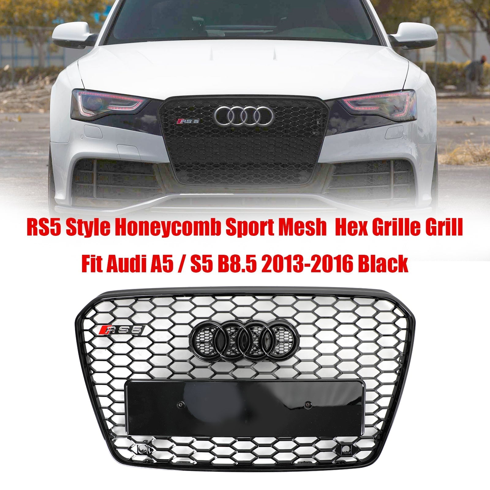 13-16 Audi A5 S5 B8.5 Grill Replacement RS5 Style Honeycomb Hex Mesh Front Bumper Grill Generic