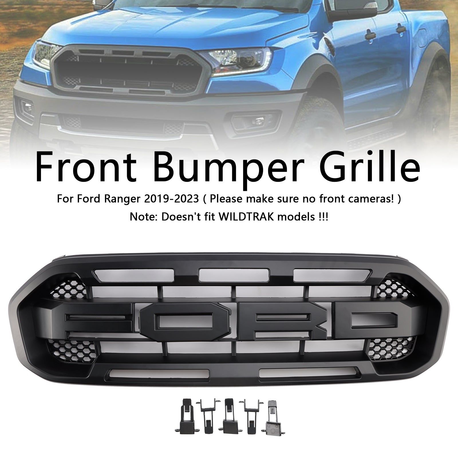 2019-2023 Ford Ranger Black Raptor Style Front Bumper Grill Replacement Black Grille