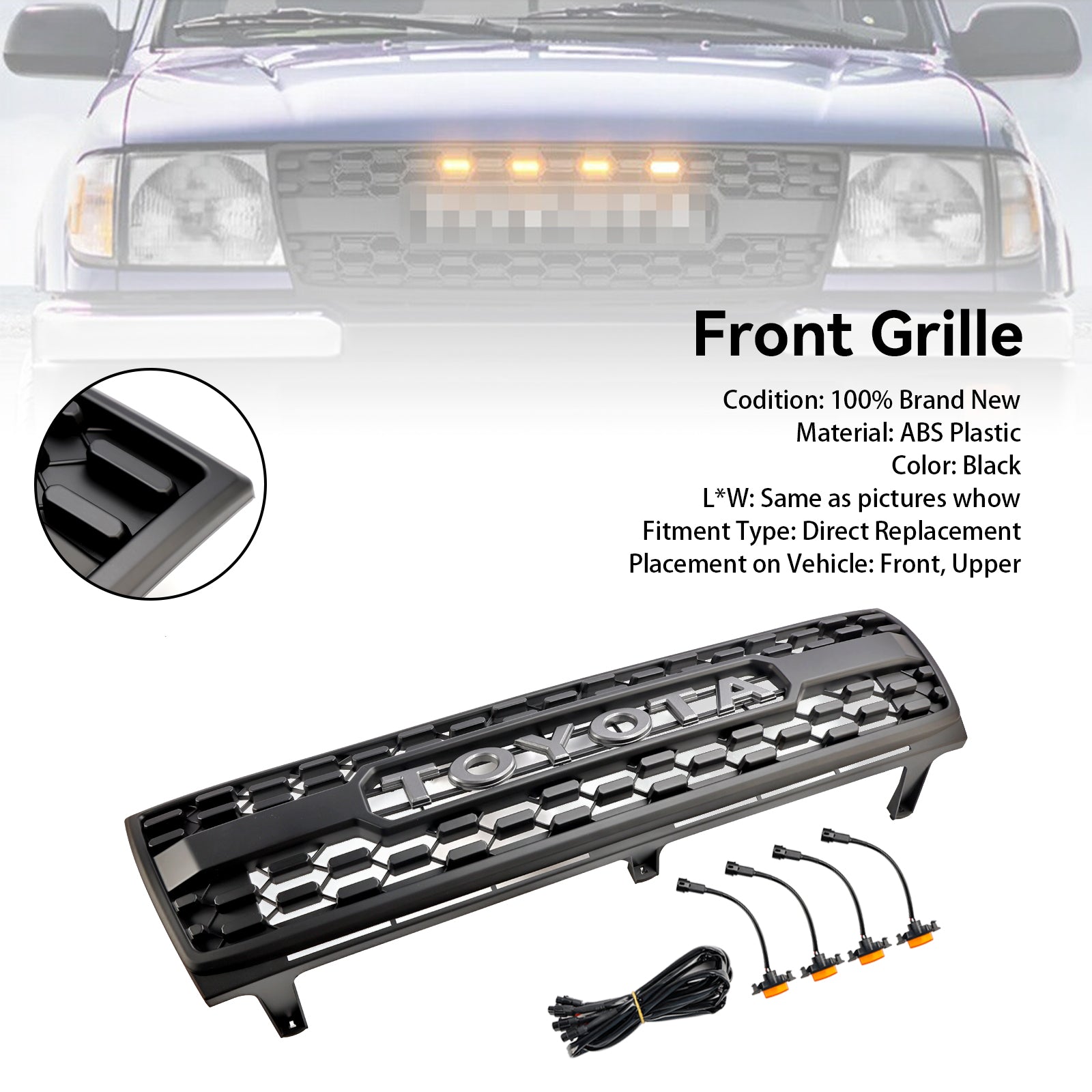 1997-2000 Toyota Tacoma Base Xtracab SR5 Xtracab PreRunner Xtracab TRD PRO Honeycomb Front Bumper Grill Grille With LED light