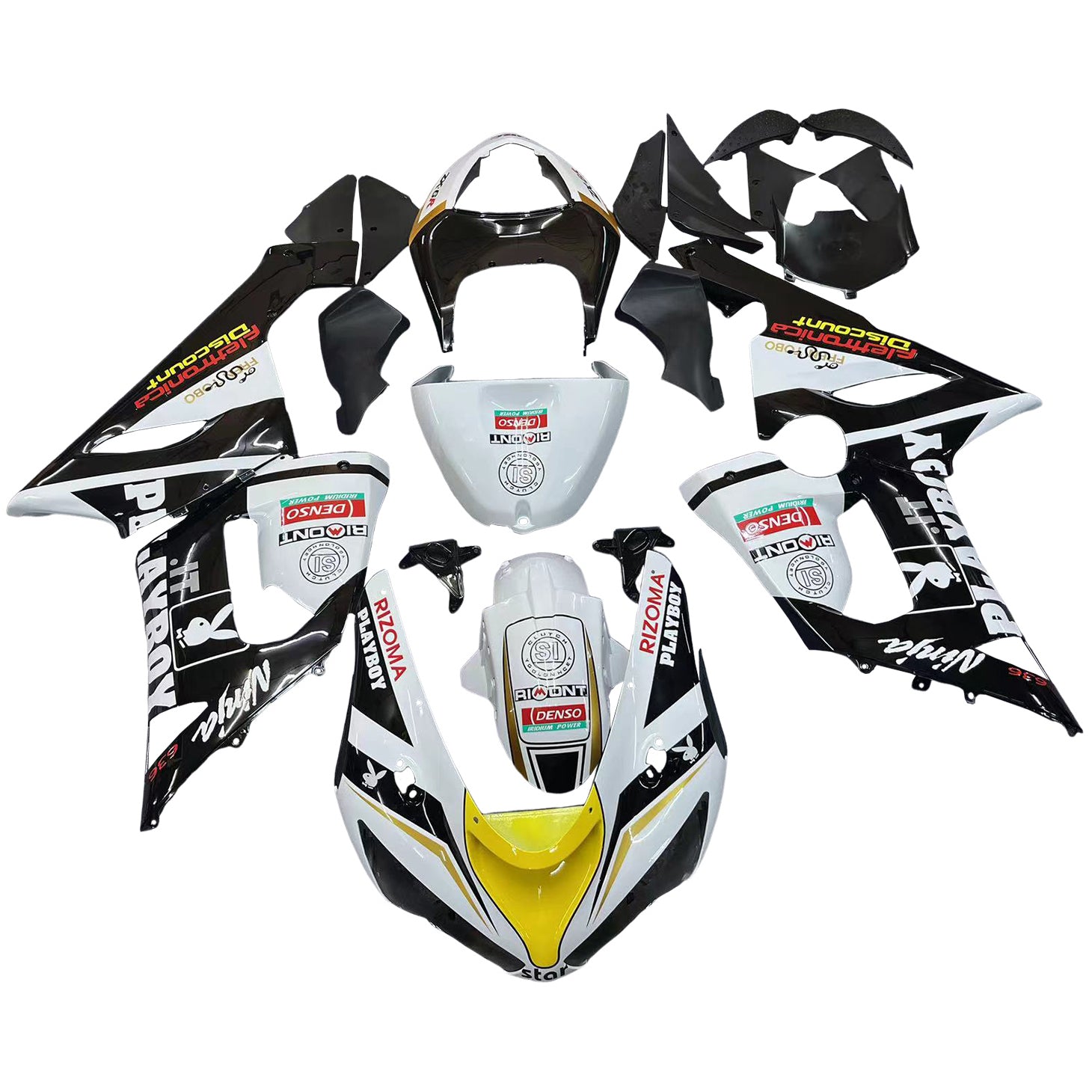 Fairings 2005-2006 Kawasaki ZX6R 636 Black White Yellow Playboy Generic