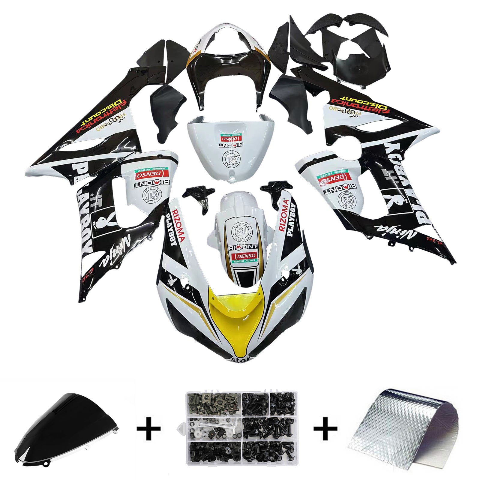 Fairings 2005-2006 Kawasaki ZX6R 636 Black White Yellow Playboy Generic