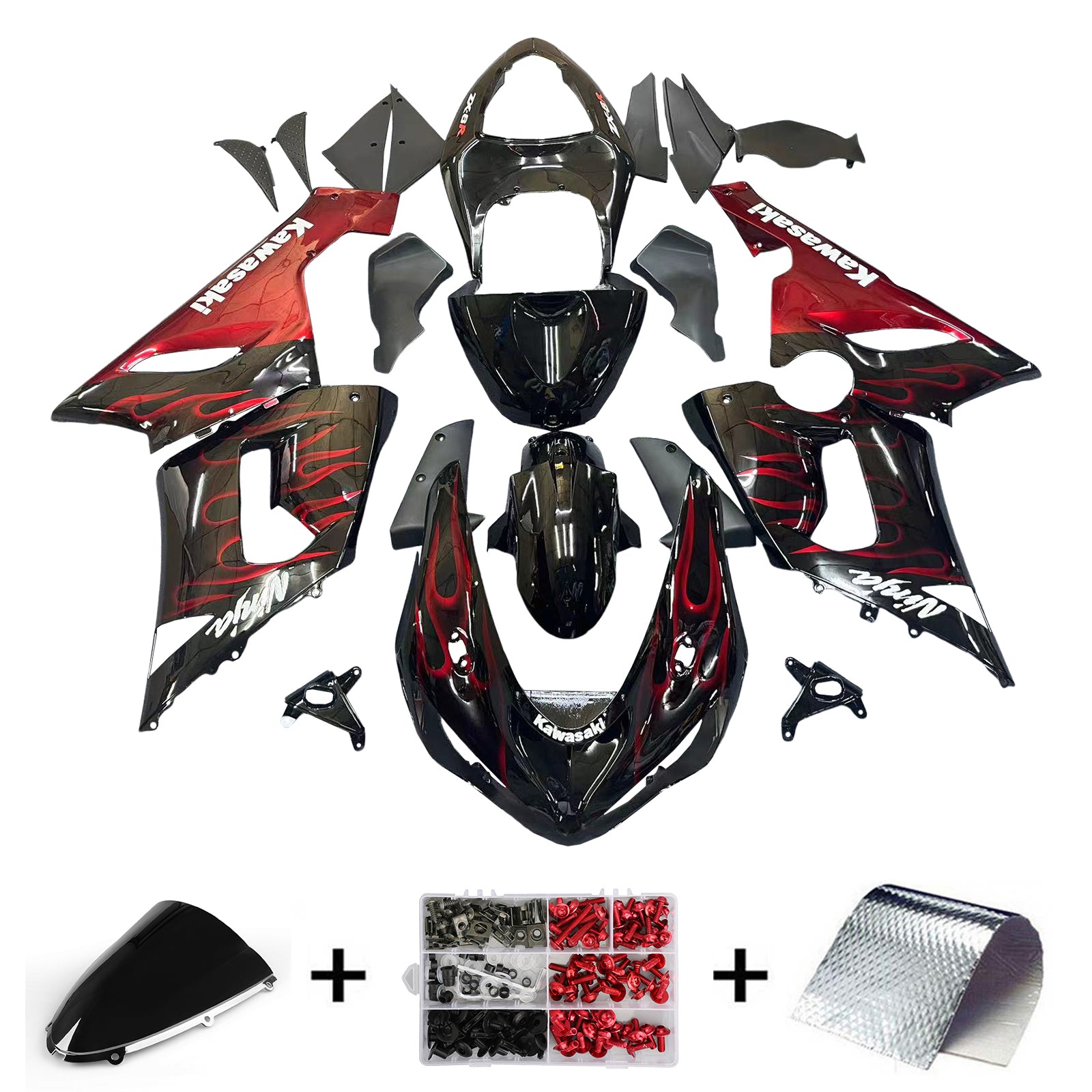 Fairings 2005-2006 Kawasaki ZX6R 636 Black & Red Flame Ninja Generic