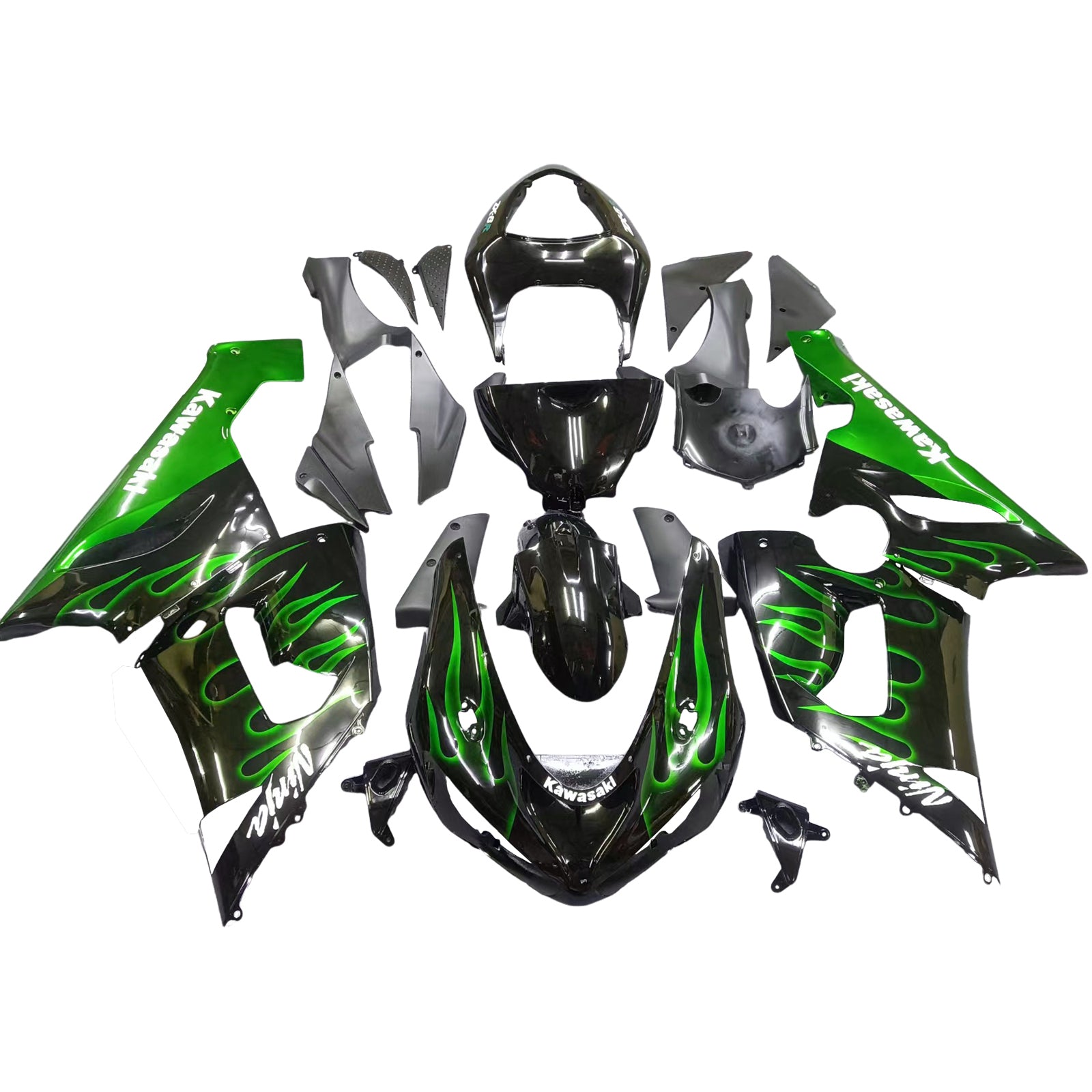 Fairings 2005-2006 Kawasaki ZX6R 636 Black & Green Flame Ninja Generic