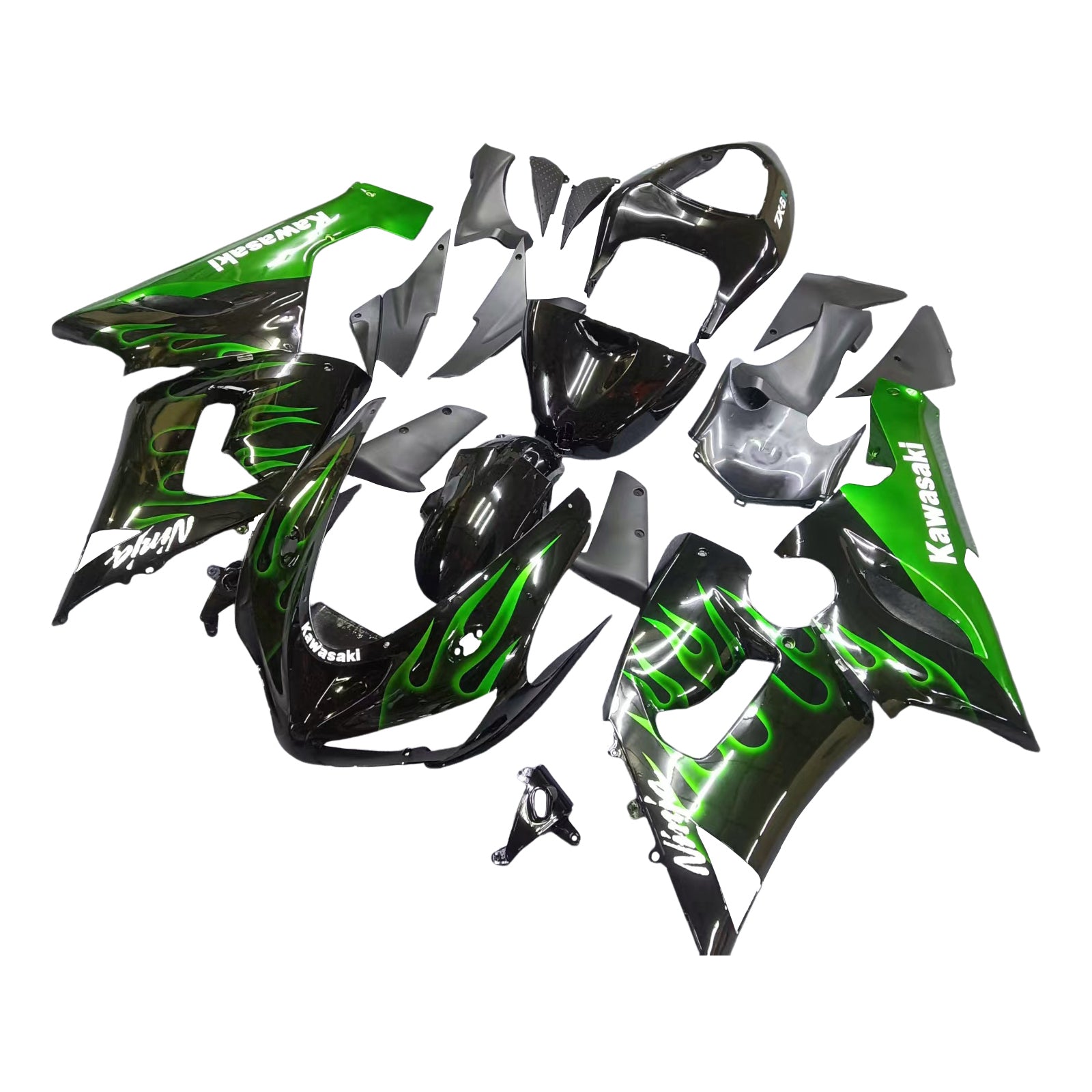 Fairings 2005-2006 Kawasaki ZX6R 636 Black & Green Flame Ninja Generic