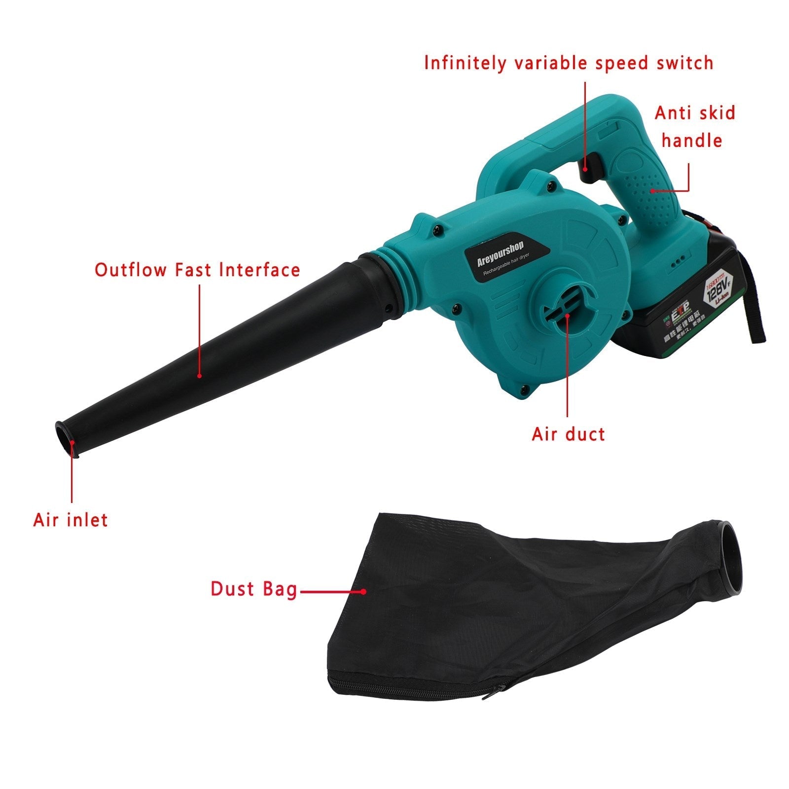 128VF 2 in 1 Cordless Leaf Dust Blower Vacuum Dust Cleaner Battery Charge