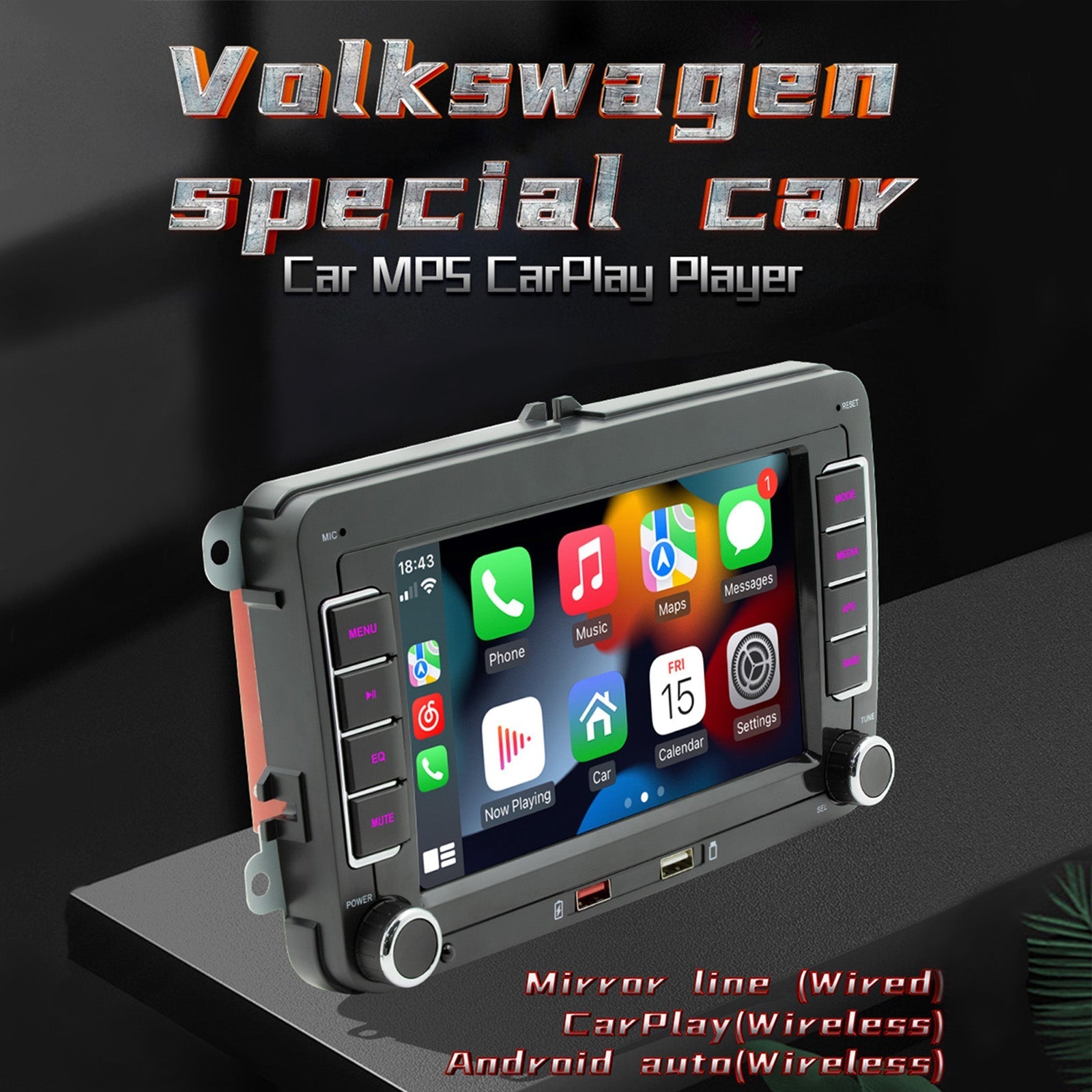 7 "Volkswagen Coche Bluetooth Radio Coche Reproductor MP5 Inalámbrico Carplay + 4 Cámara LED