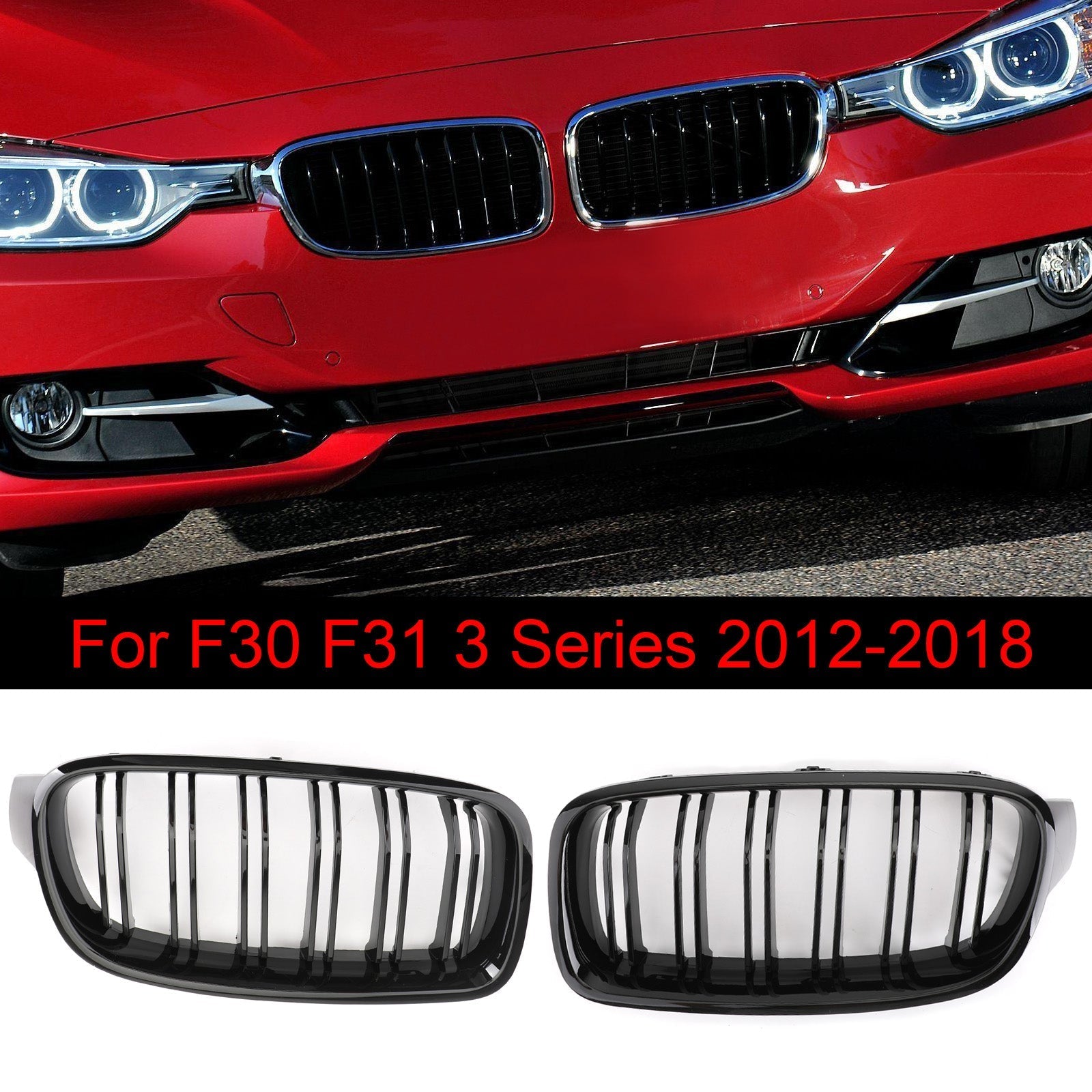 Gloss Black Front Kidney Grille Fit BMW 3 Series F30 F35 2012-2017 Dual Slats