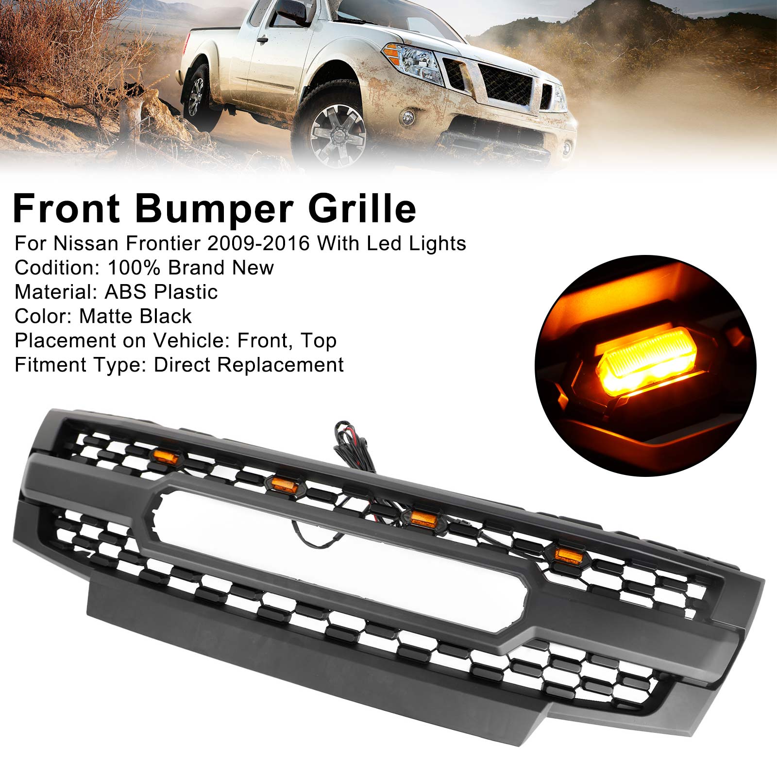 Parrilla de parachoques delantero negra compatible con Nissan Frontier 2009-2019 con luces LED