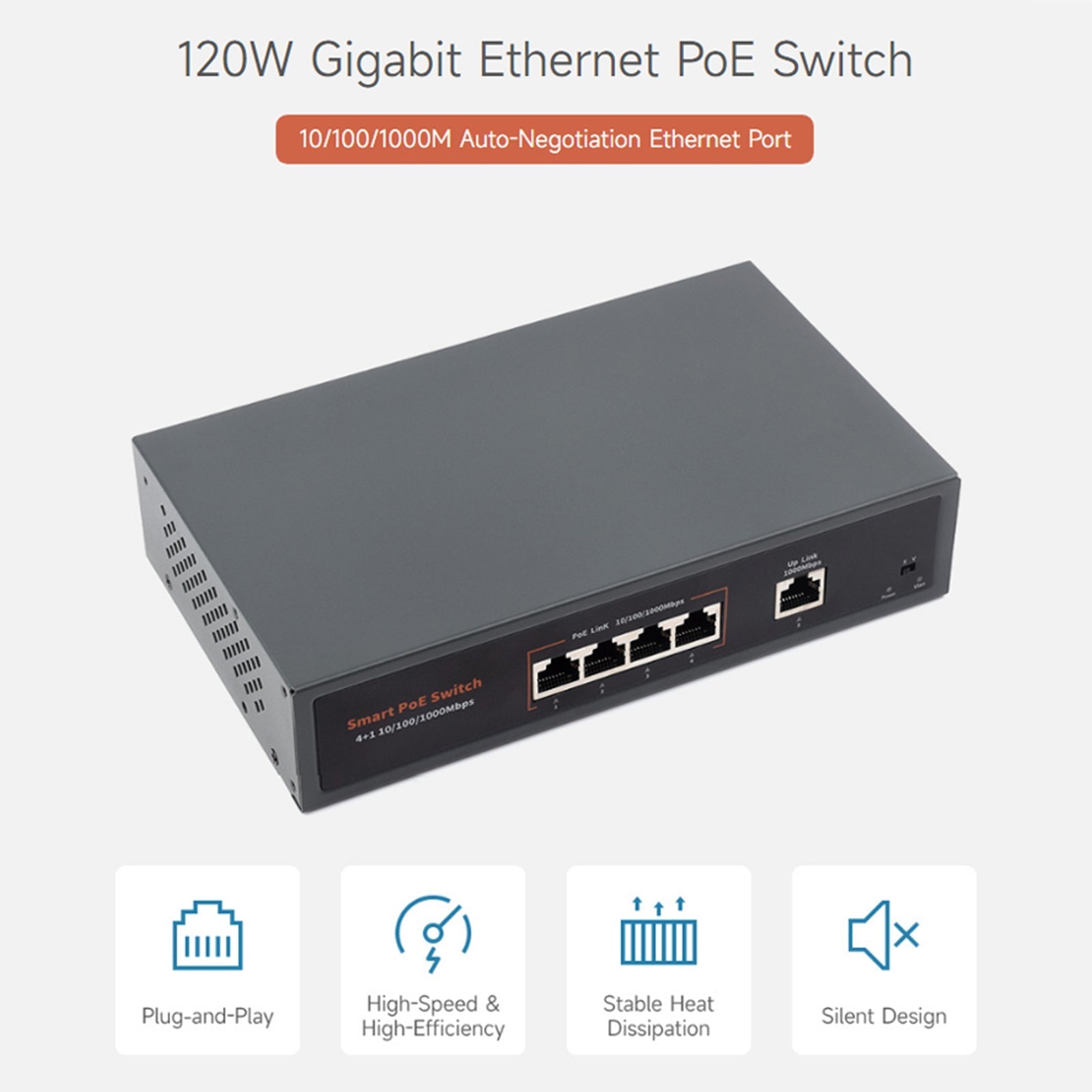 120W Gigabit Ethernet Poe Switch 10/100/1000M Port Adaptive Plug Play 4 Network