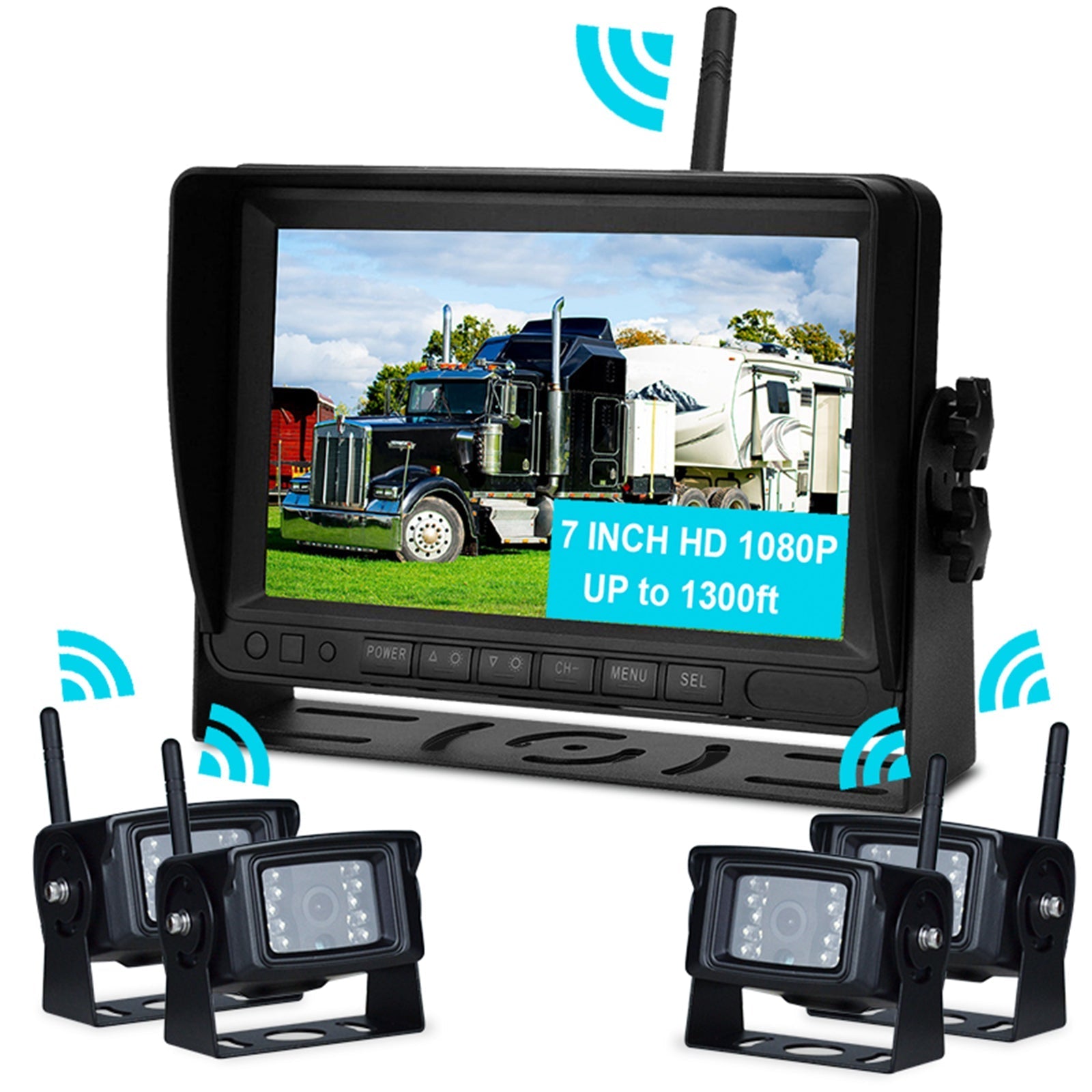 7" Display AHD 1080P Wireless 4CH Rear View Backup Camera Kit for Truck Trailer