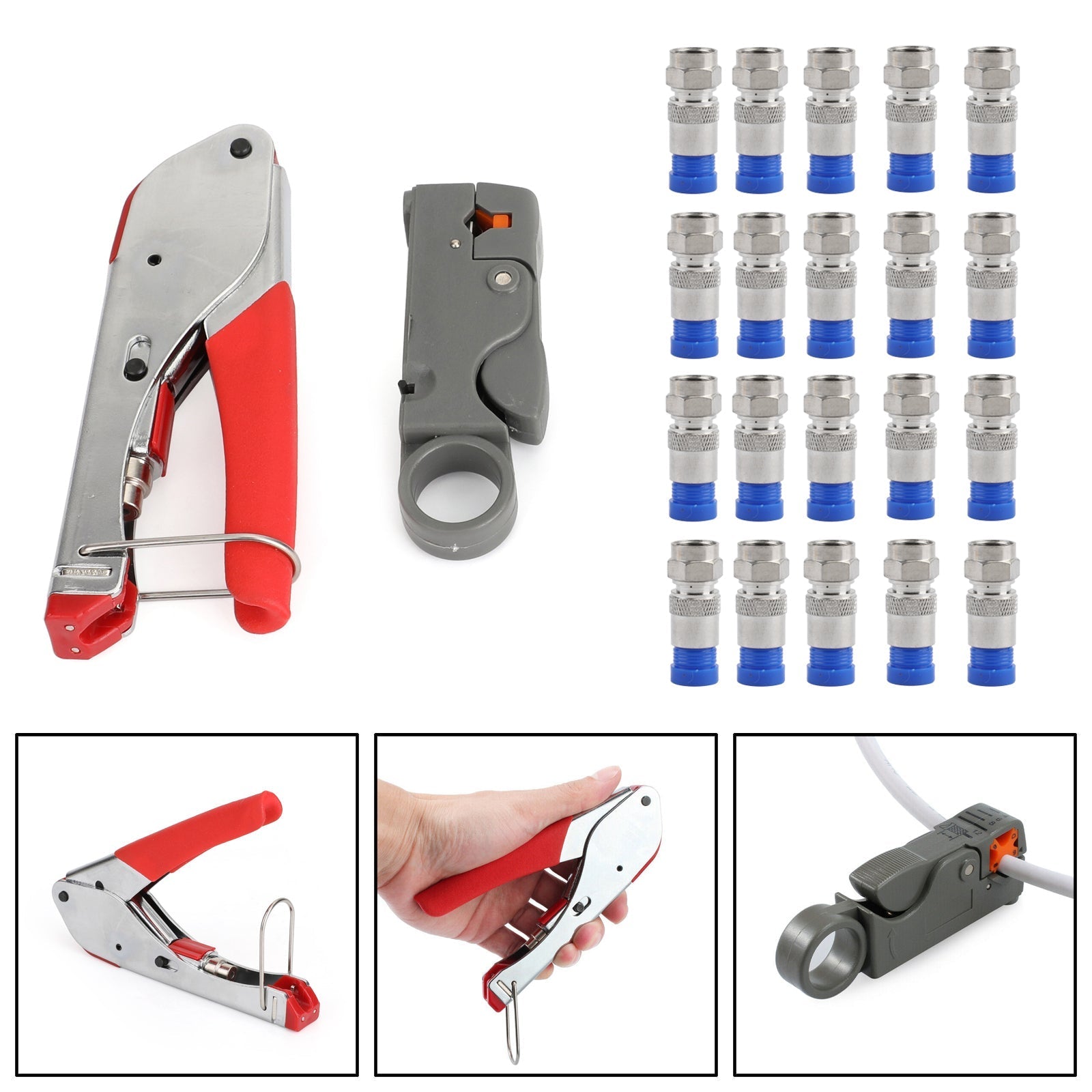 Compression Stripper Tool Coaxial F-Type Crimper + 20PCS RG6 Crimp Connectors